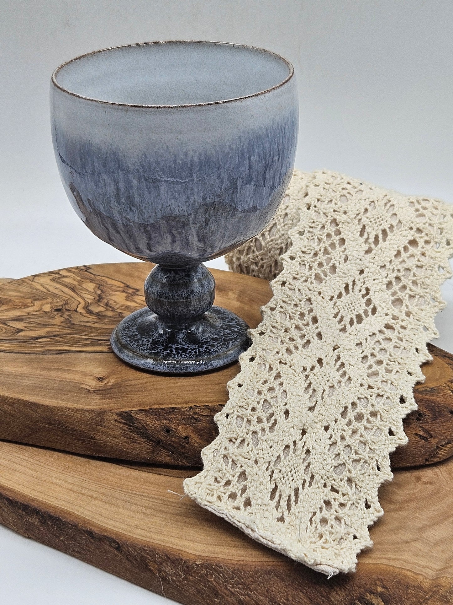 Studio pottery blue glazed wine goblet, VGC