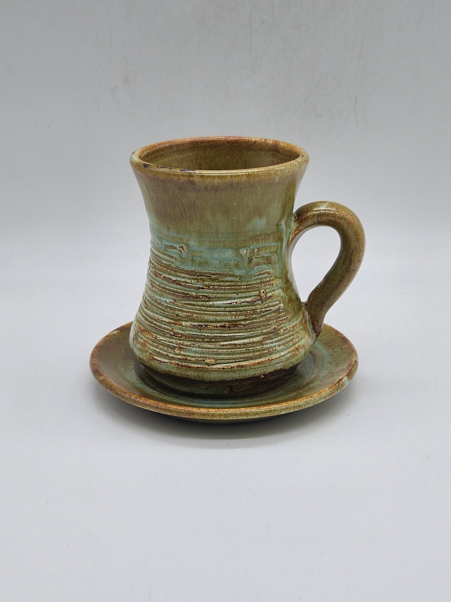 Unique vintage coffee pair in medieval style, Tintagle studio pottery