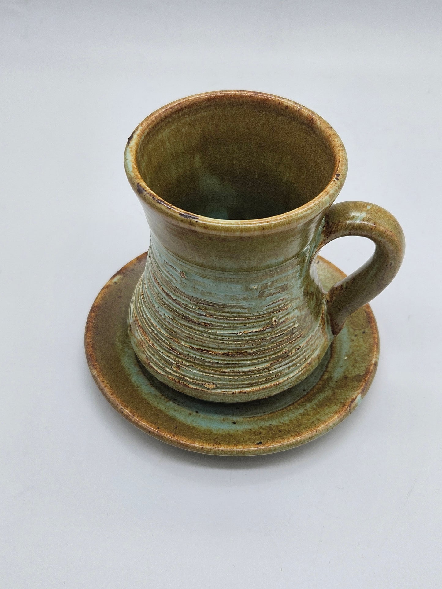 Unique vintage coffee pair in medieval style, Tintagle studio pottery