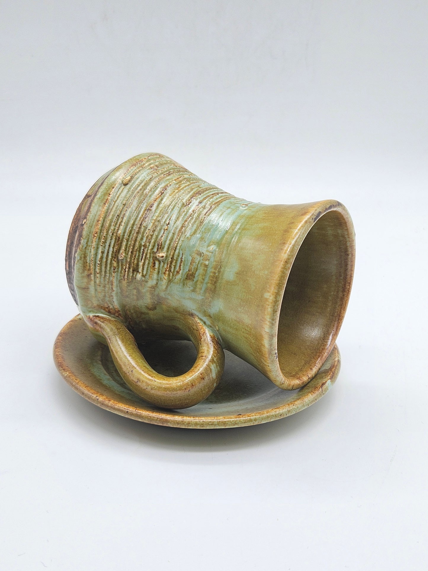 Unique vintage coffee pair in medieval style, Tintagle studio pottery