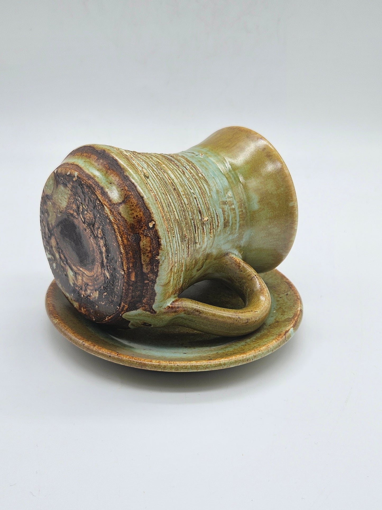 Unique vintage coffee pair in medieval style, Tintagle studio pottery