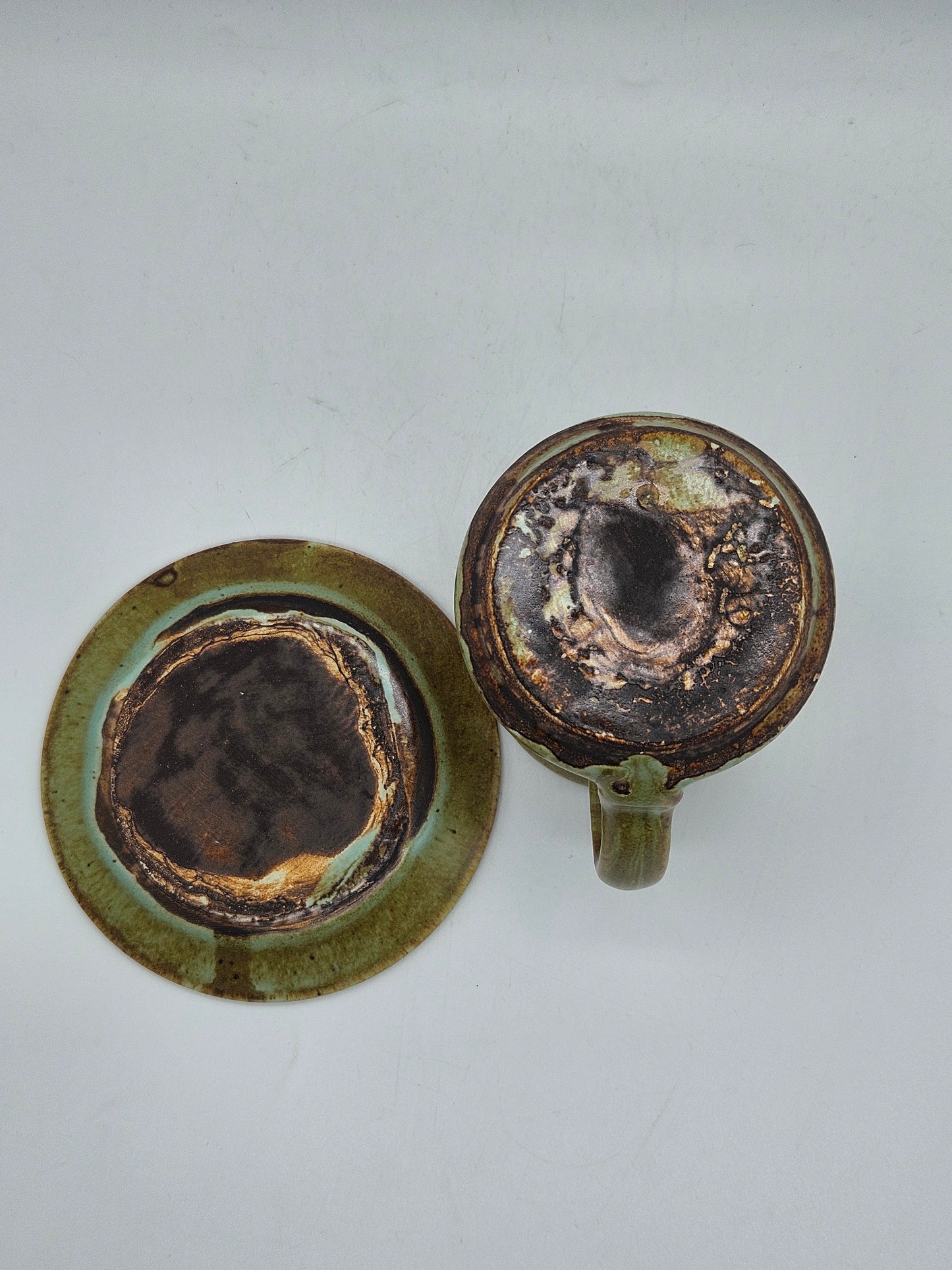 Unique vintage coffee pair in medieval style, Tintagle studio pottery