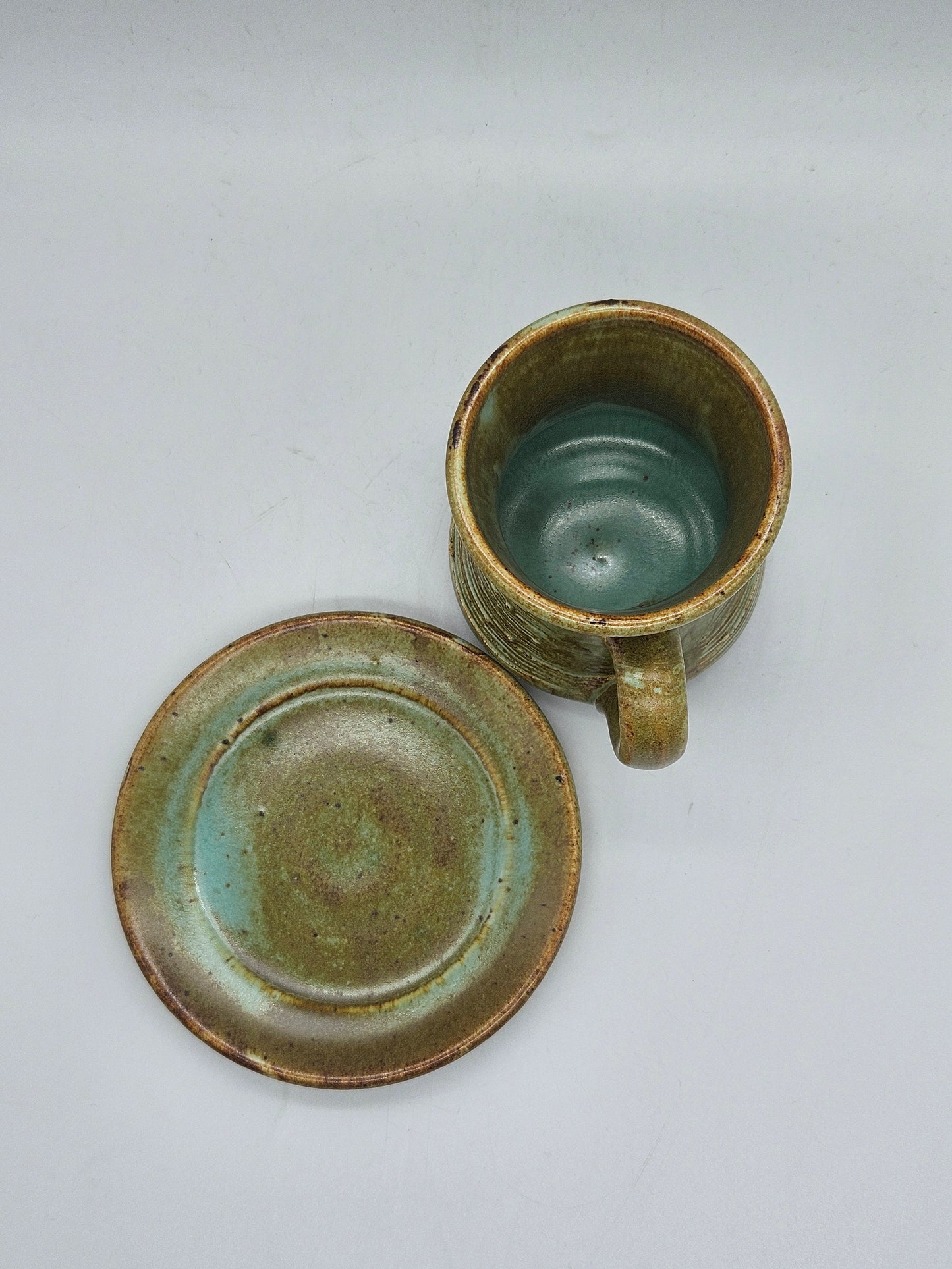 Unique vintage coffee pair in medieval style, Tintagle studio pottery