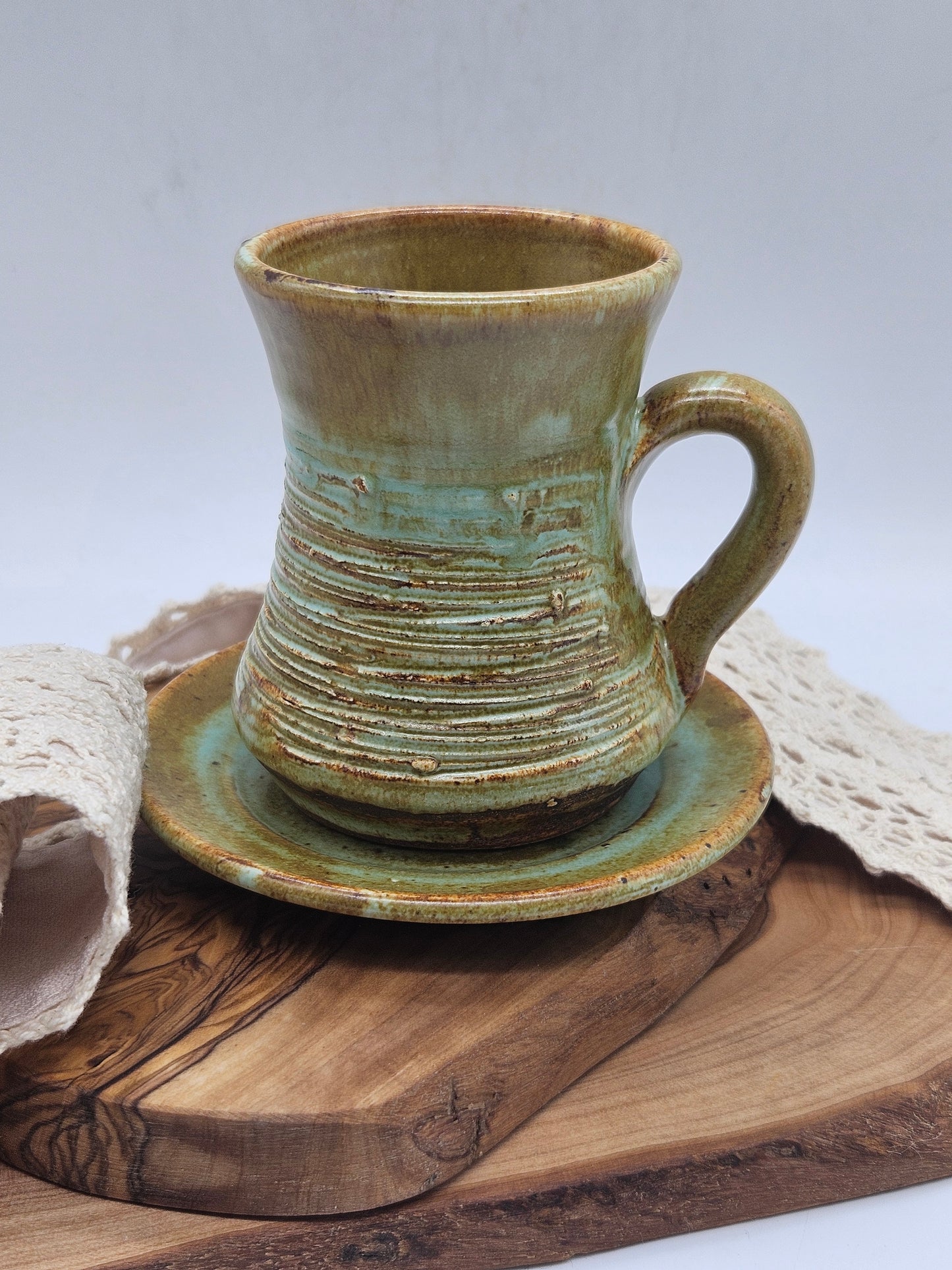 Unique vintage coffee pair in medieval style, Tintagle studio pottery