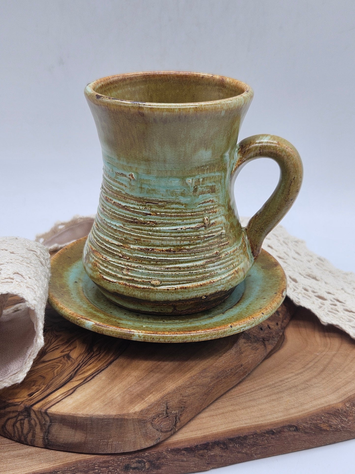Unique vintage coffee pair in medieval style, Tintagle studio pottery