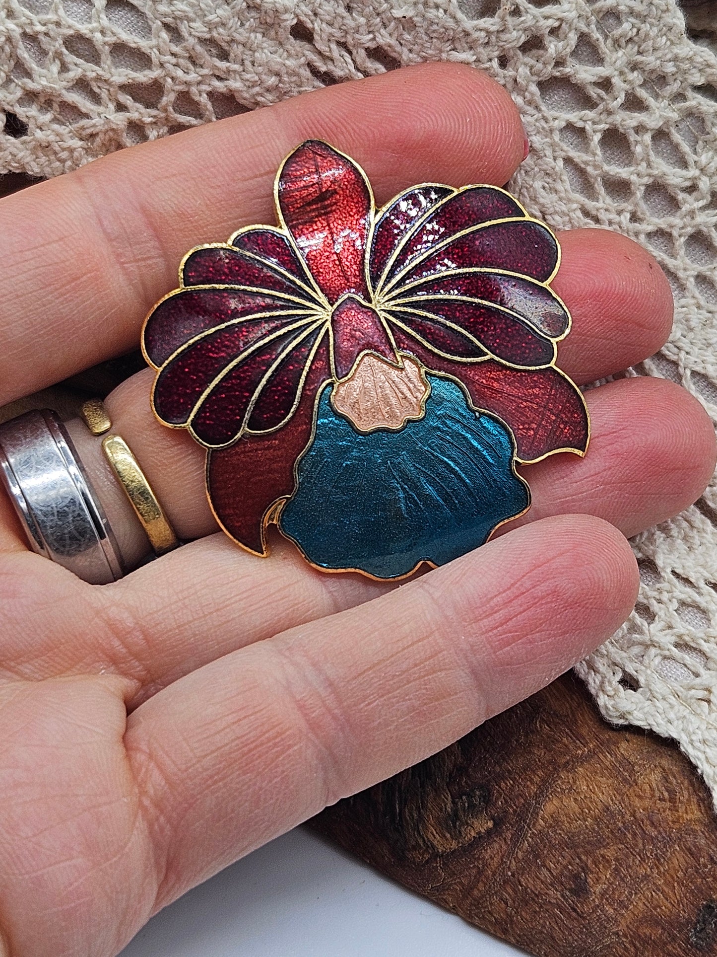Vintage Large Enamel Orchid brooch.