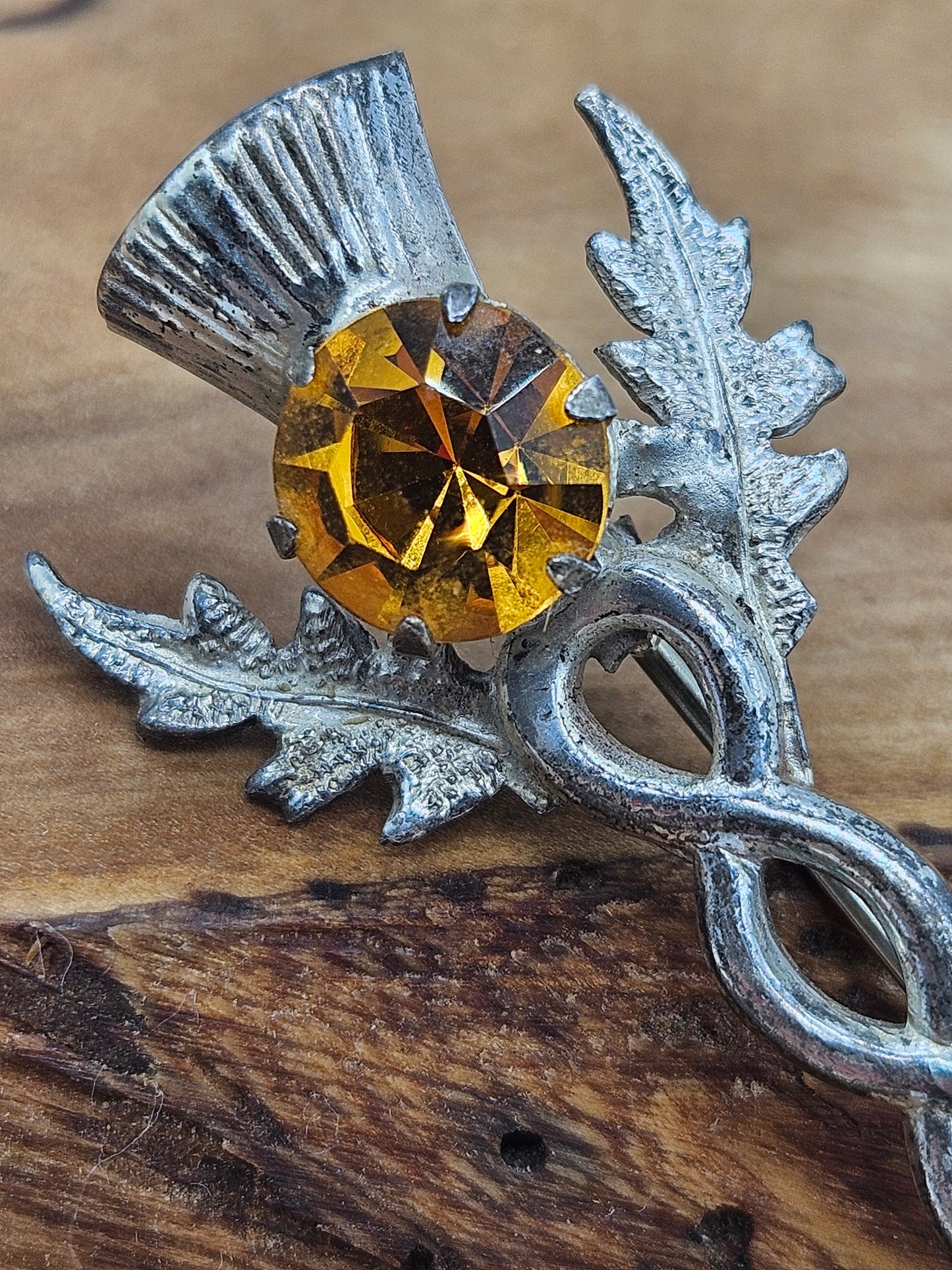 Vintage Scottish style Kilt Pin/ brooch - The Thistle with yellow gemstone.
