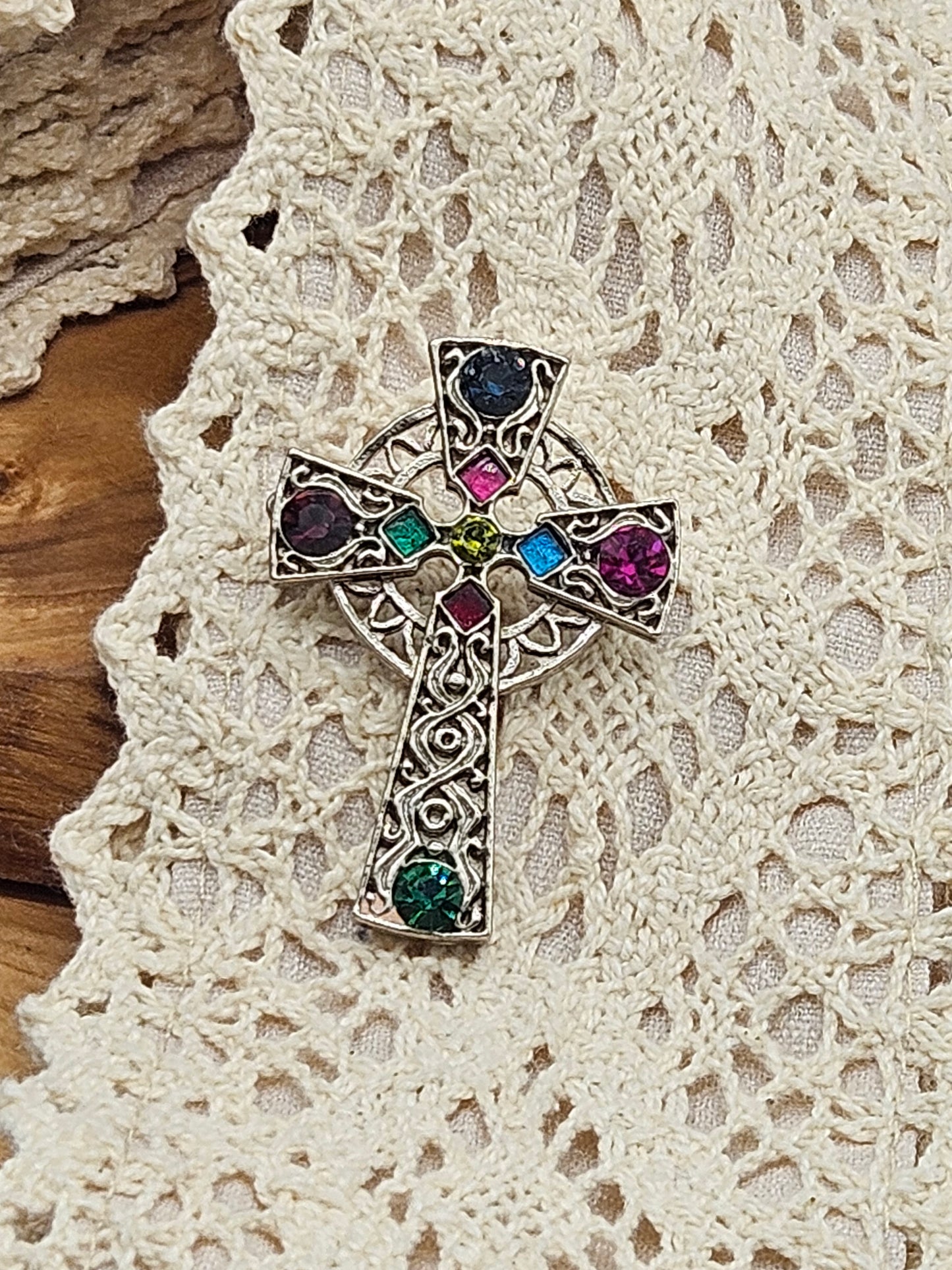 Vintage Celtic style brooch - The Celtic Cross with glass gemstones.