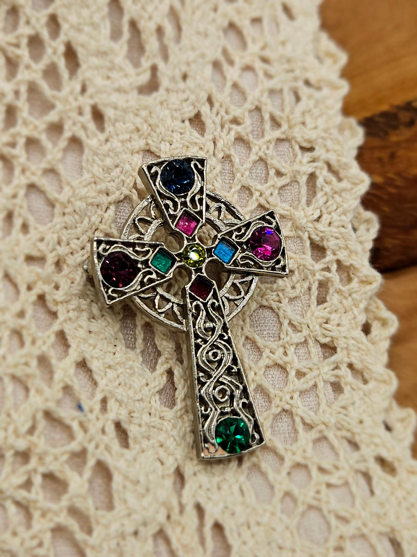 Vintage Celtic style brooch - The Celtic Cross with glass gemstones.