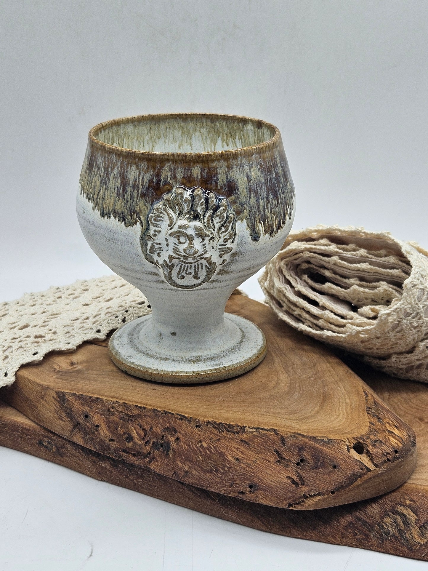 Studio pottery Vintage Glazed Goblet with Lion