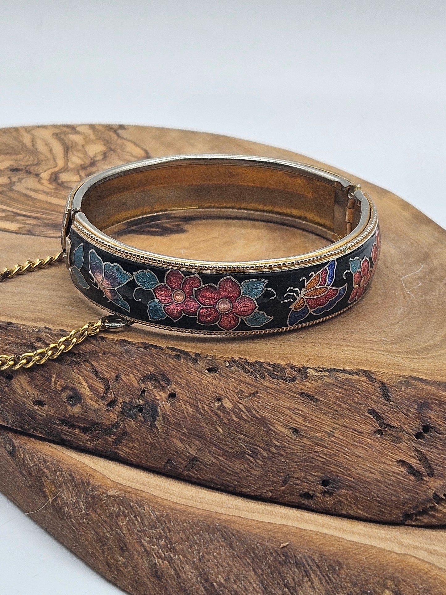 Vintage enamel floral bracelet with small chain