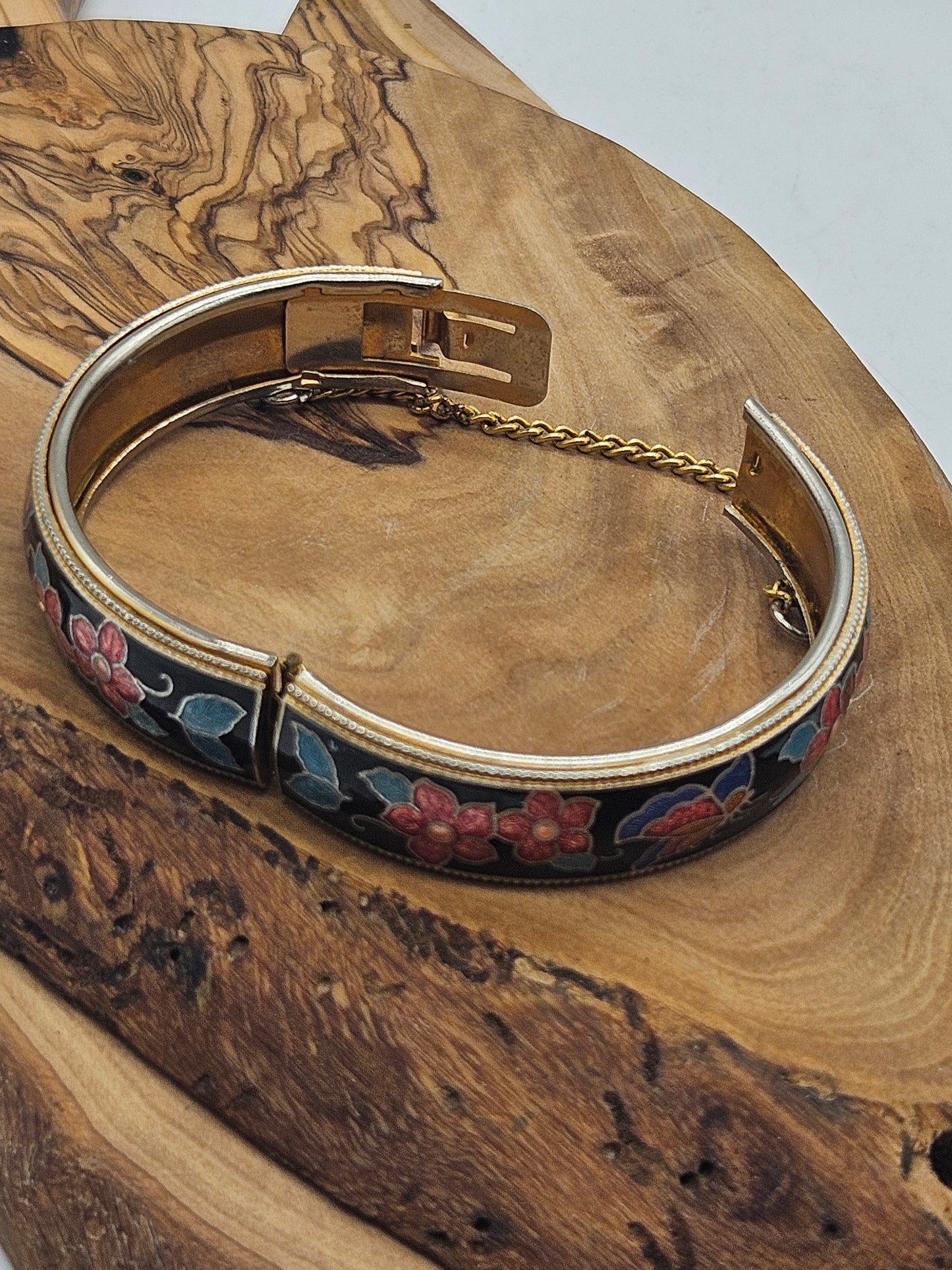 Vintage enamel floral bracelet with small chain