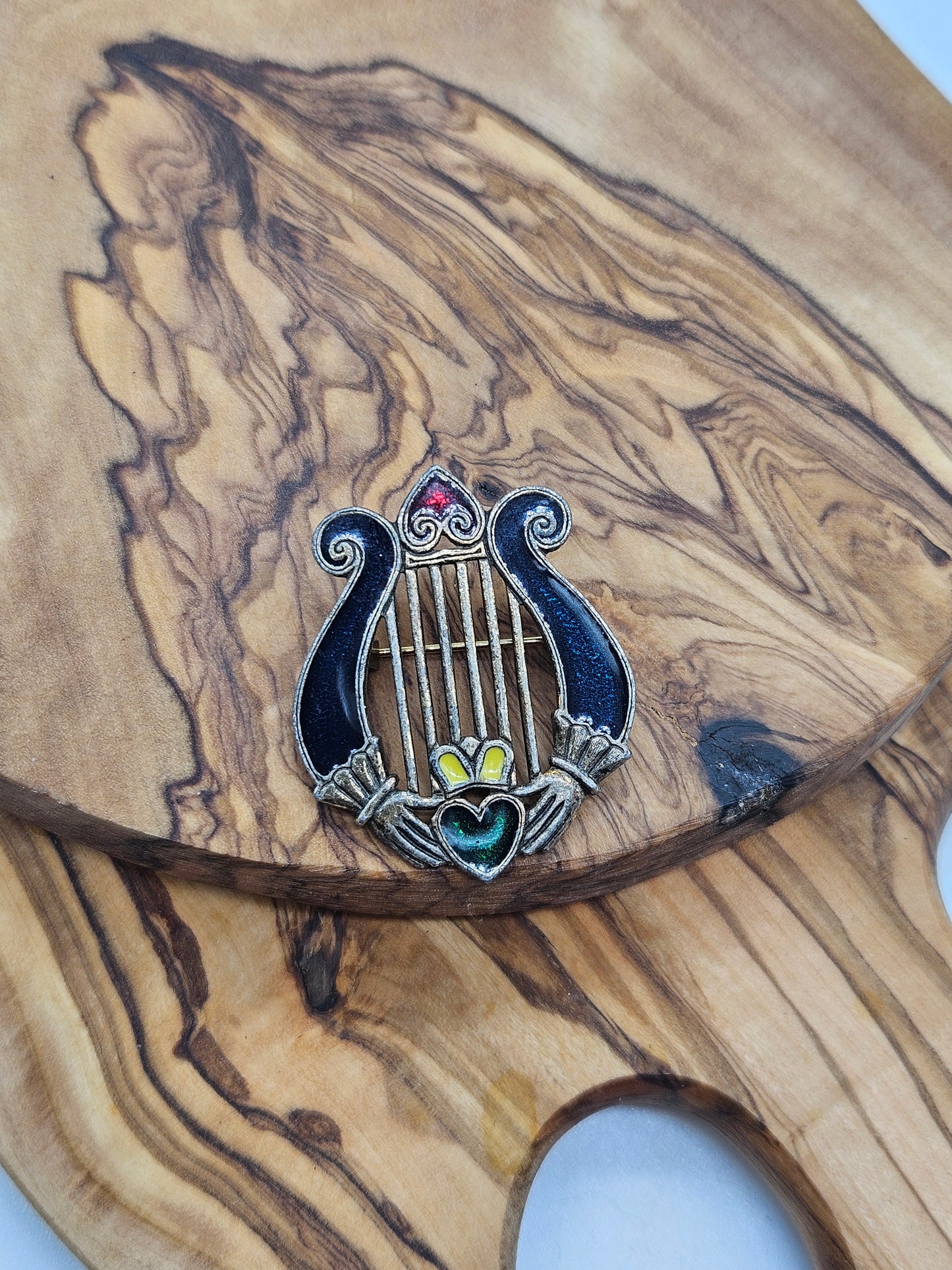 Vintage Irish Enamel Brooch Lucky Harp and two Hearts