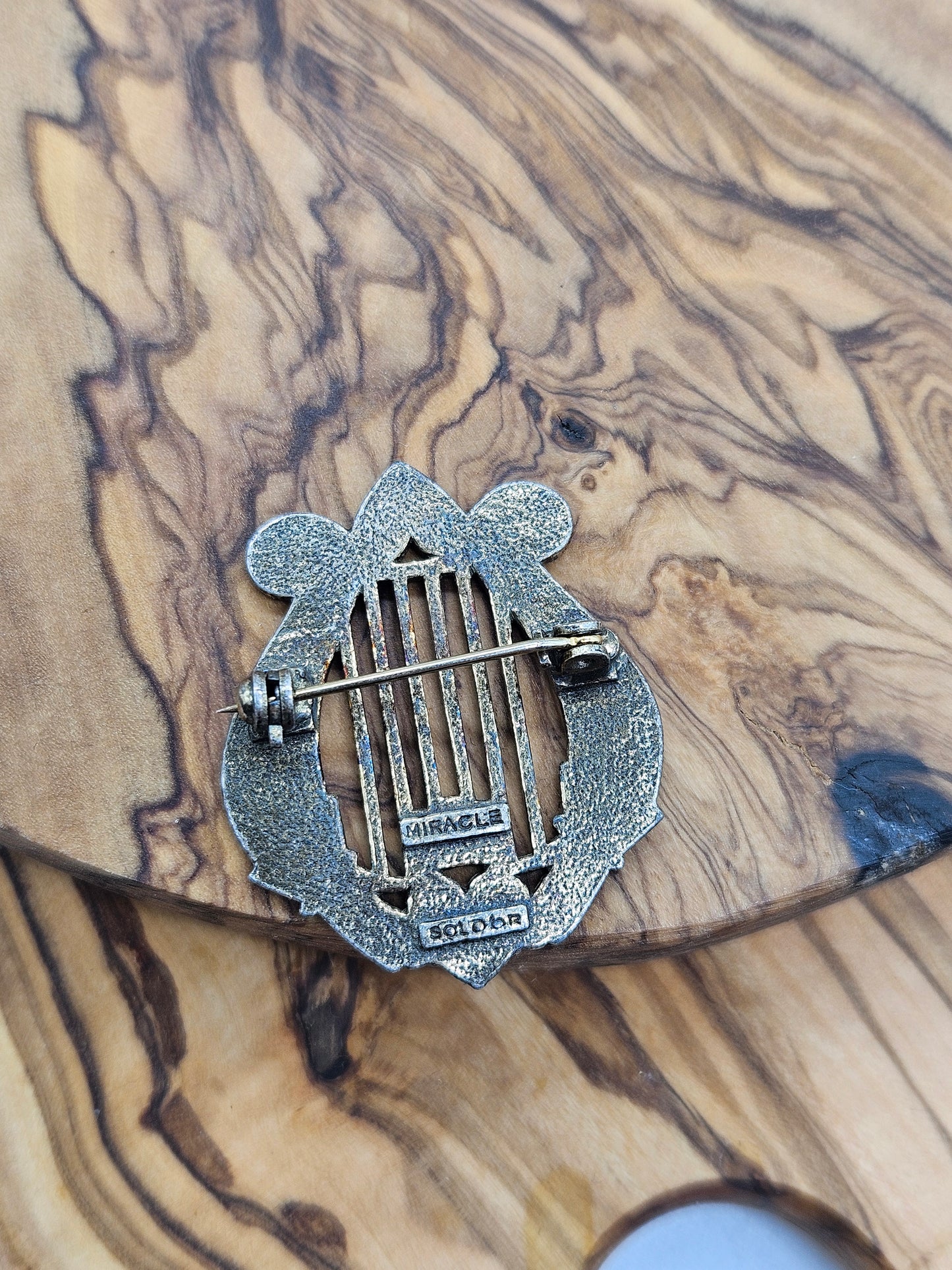Vintage Irish Enamel Brooch Lucky Harp and two Hearts