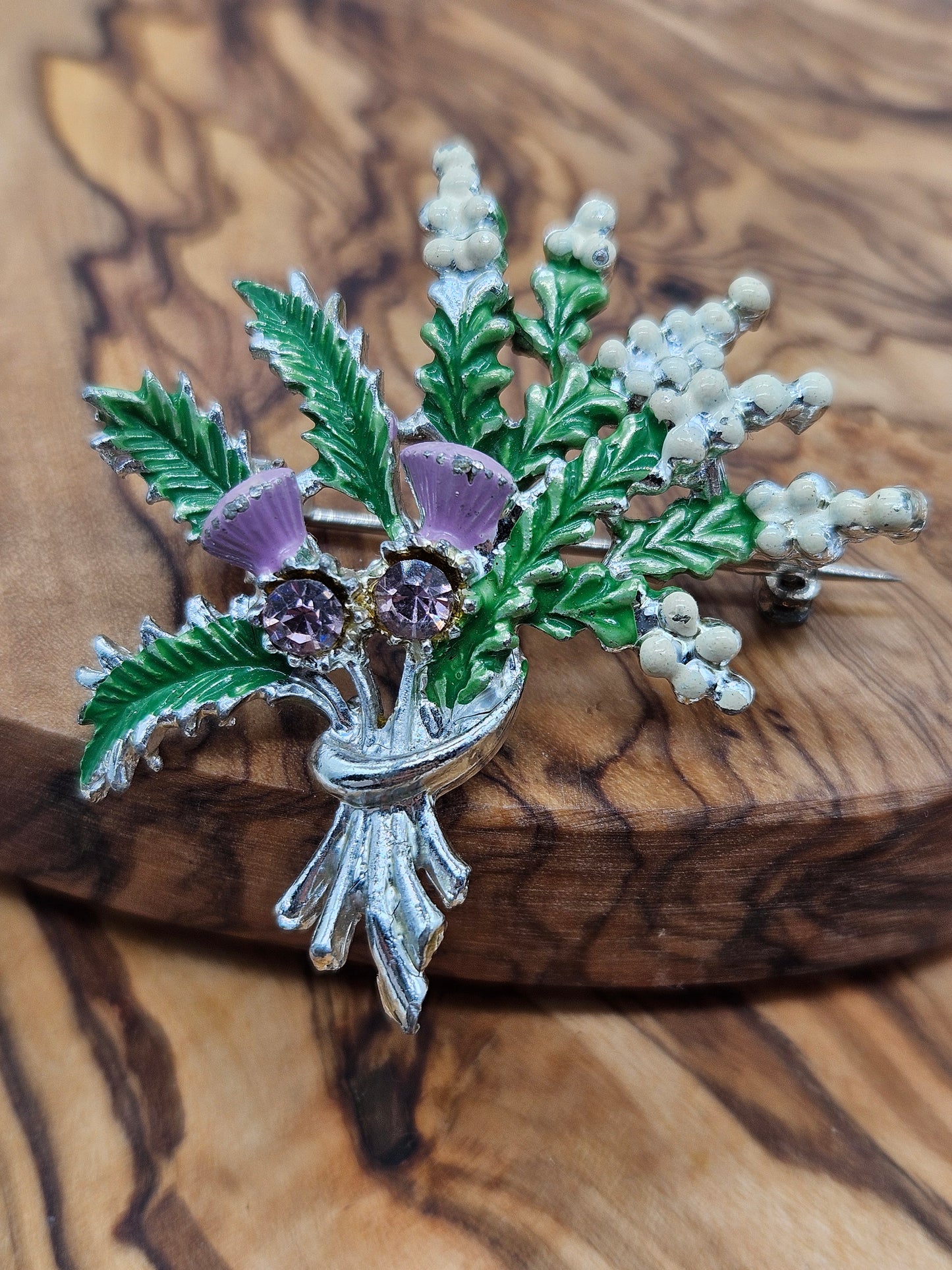 Vintage Enamel brooch - The Heather Bunch with Violet gemstones.