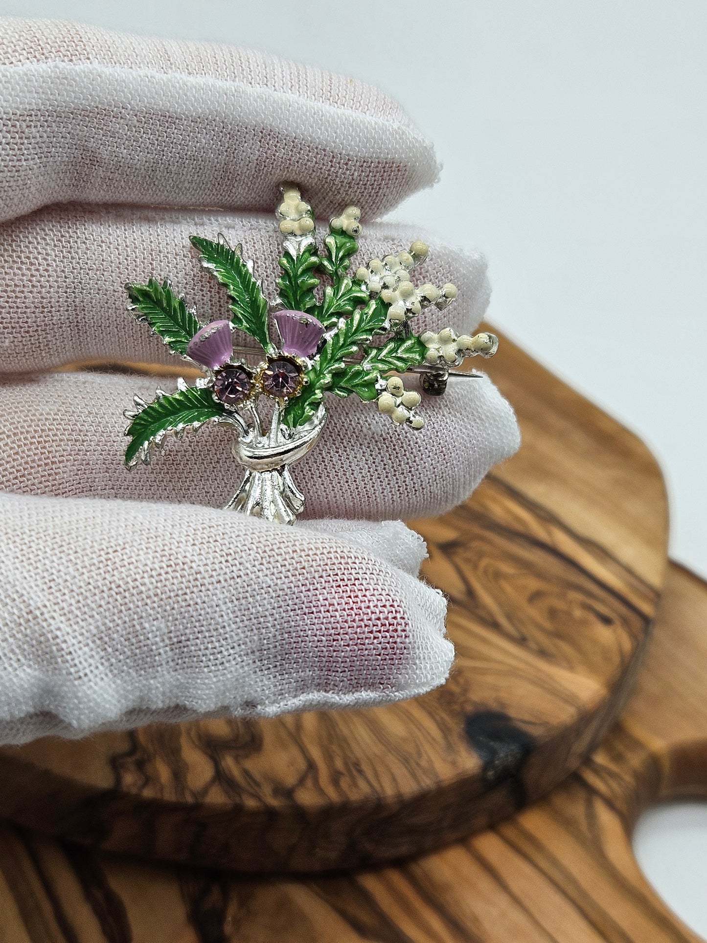 Vintage Enamel brooch - The Heather Bunch with Violet gemstones.