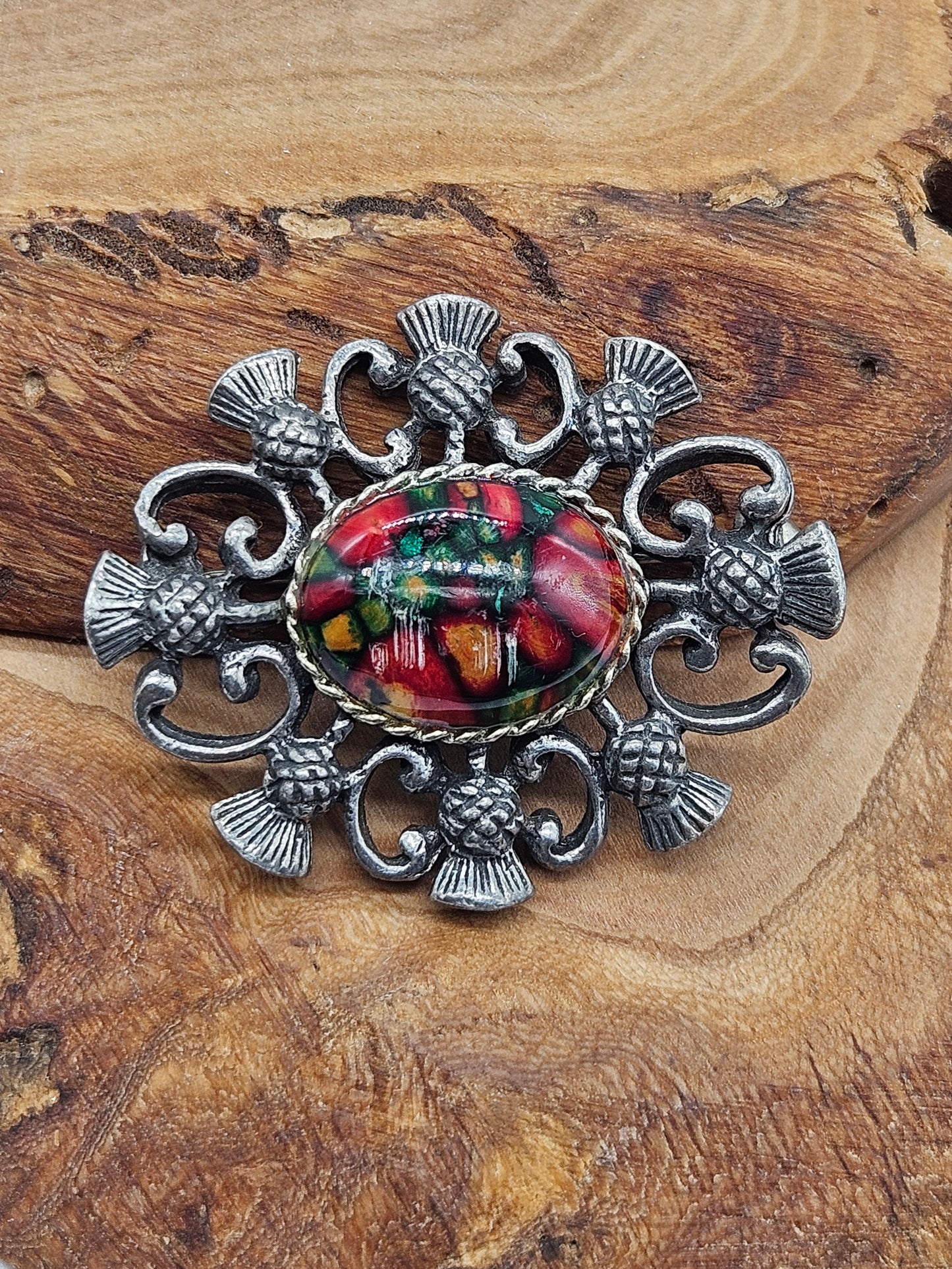 Vintage Scottish brooch - Thistles with Multicoloured insert.
