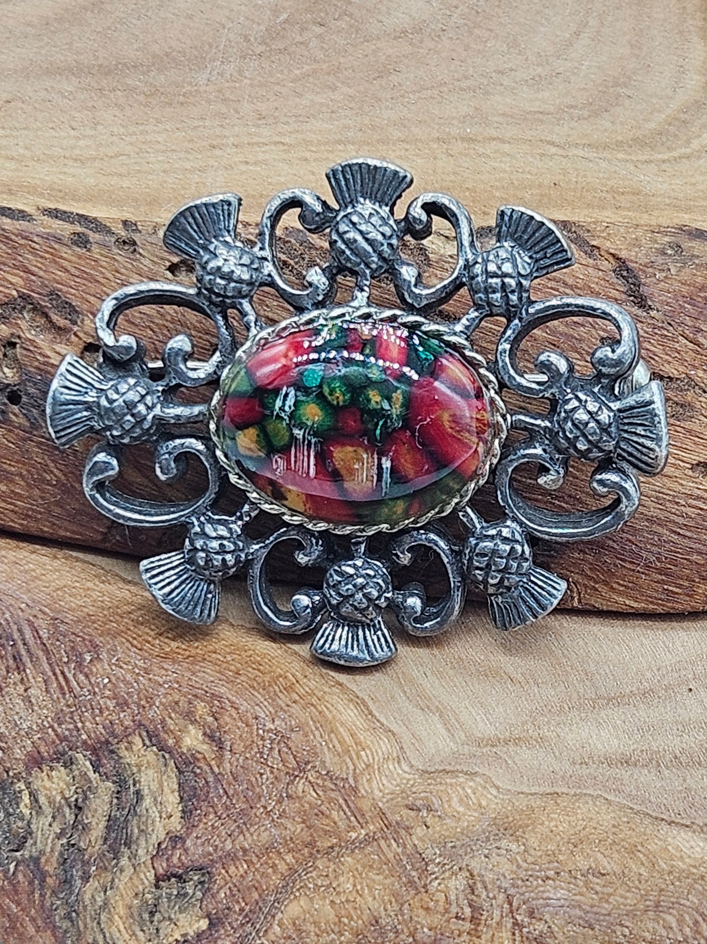 Vintage Scottish brooch - Thistles with Multicoloured insert.