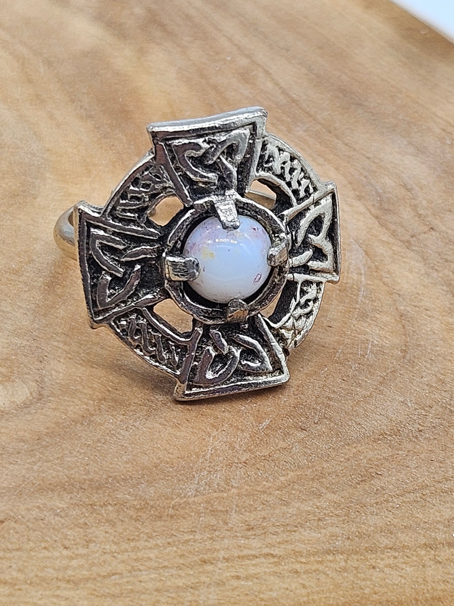 Vintage Celtic Cross Adjustable Ring with white Stone