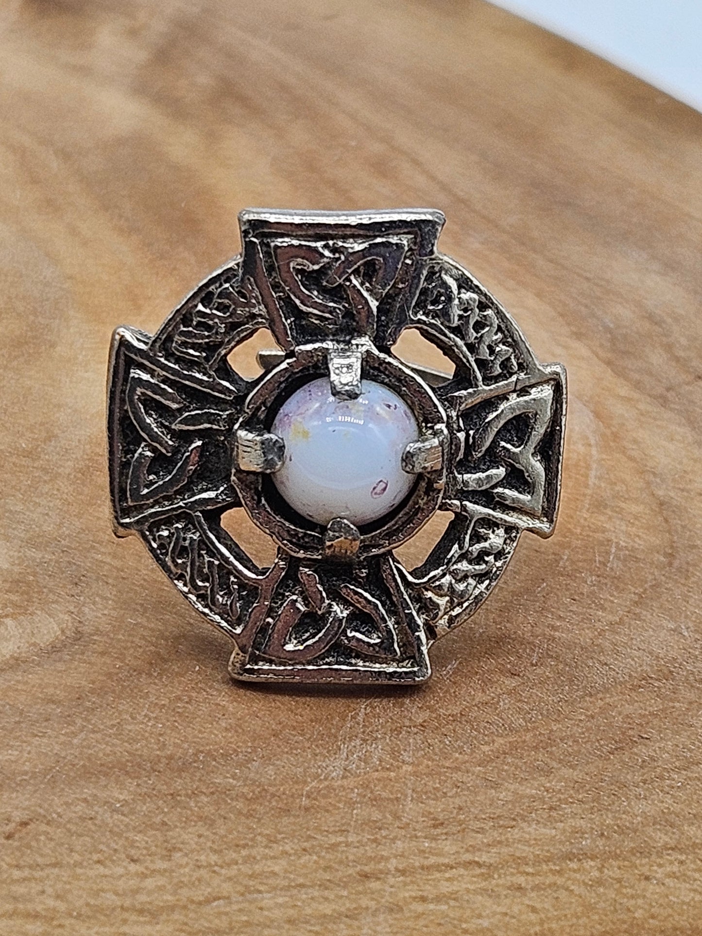 Vintage Celtic Cross Adjustable Ring with white Stone
