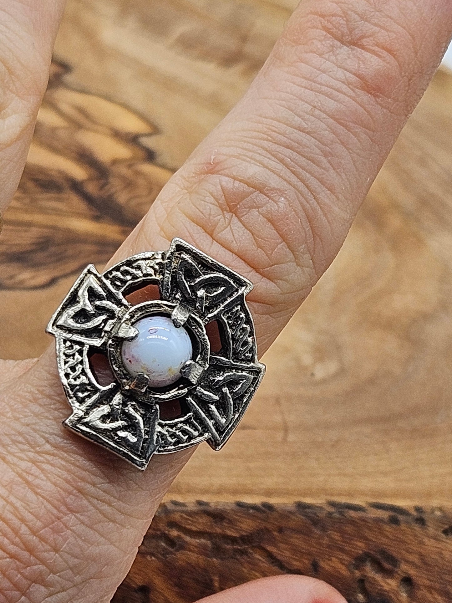 Vintage Celtic Cross Adjustable Ring with white Stone
