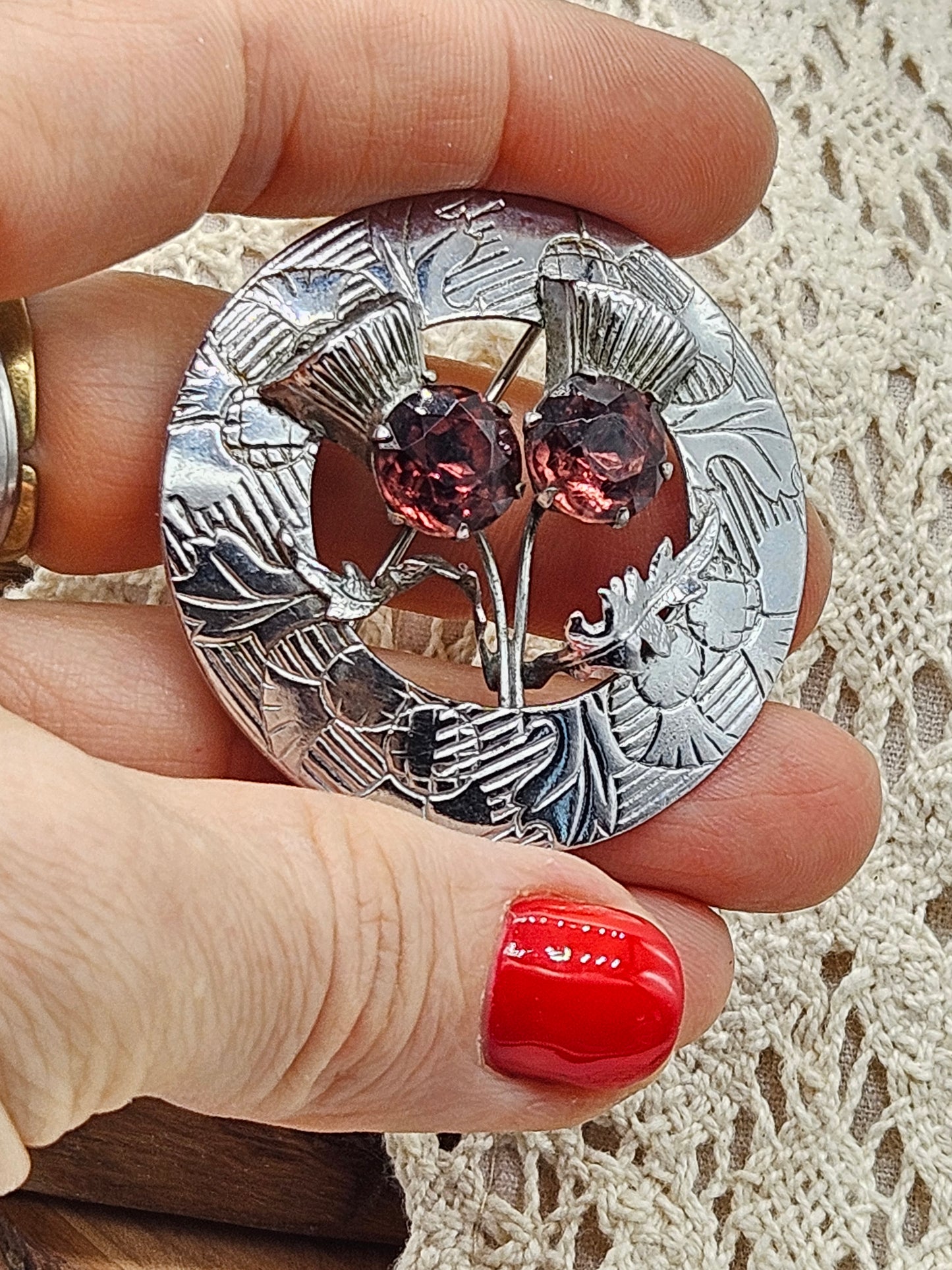 Vintage Scottish style brooch - The Thistle with Violet gemstones.