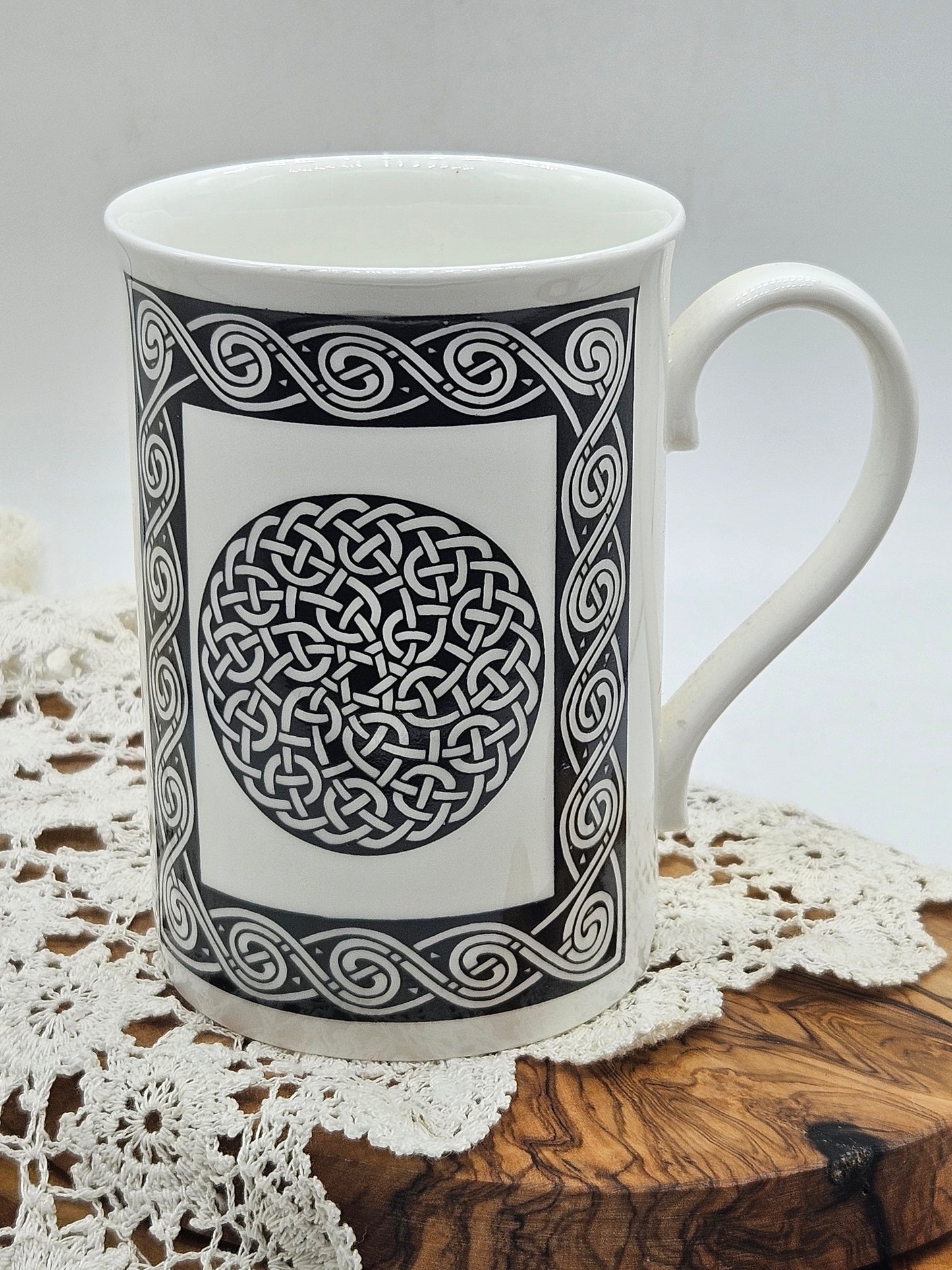 Vintage Porcelain Tea Mug With Celtic Black and White Design, Highland China, Scotland
