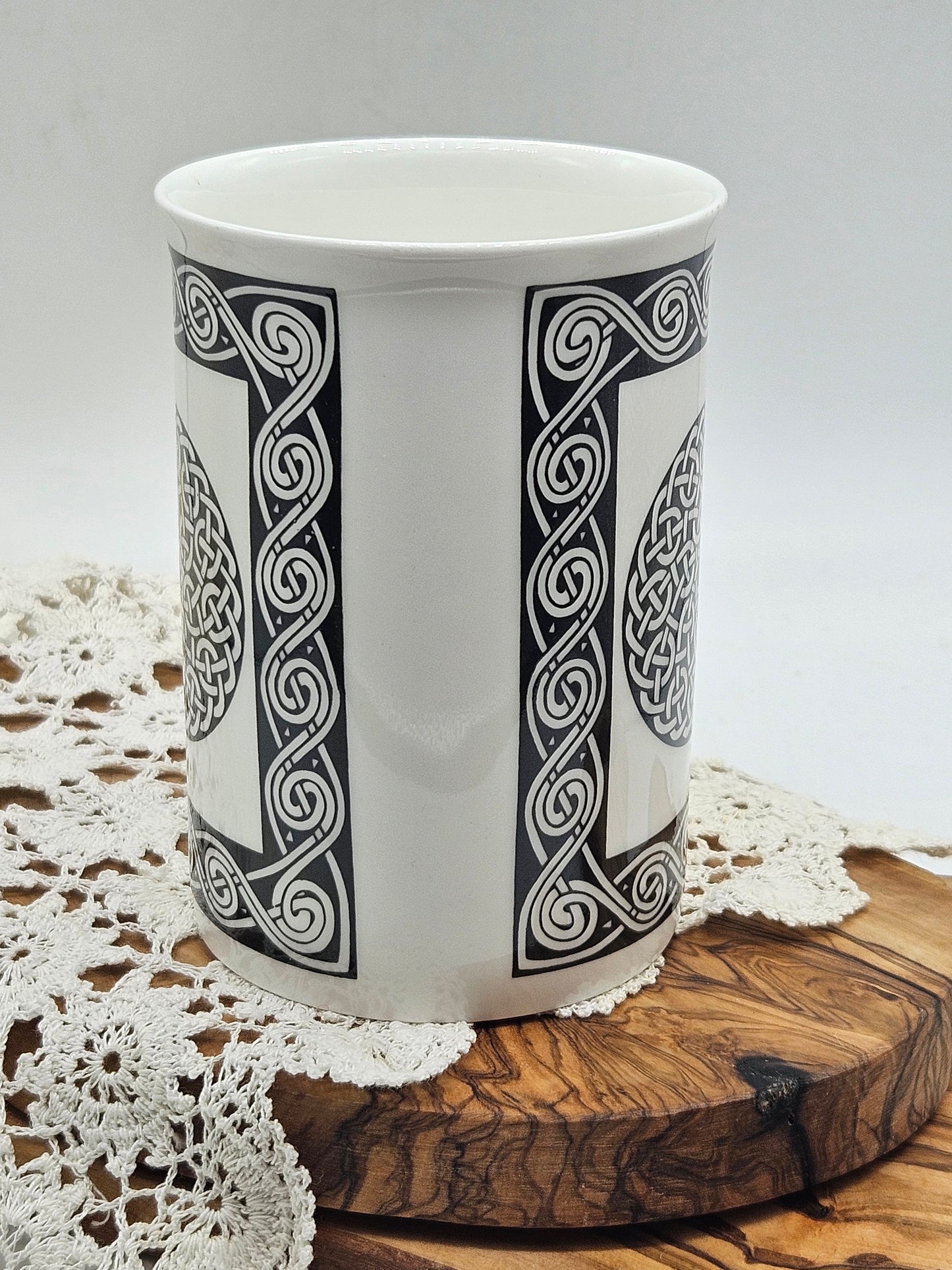 Vintage Porcelain Tea Mug With Celtic Black and White Design, Highland China, Scotland