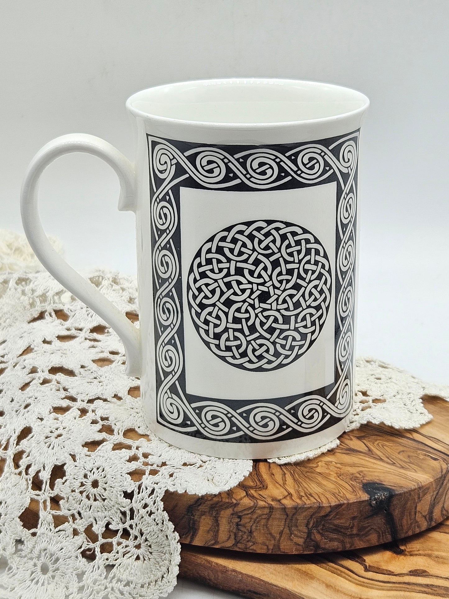 Vintage Porcelain Tea Mug With Celtic Black and White Design, Highland China, Scotland