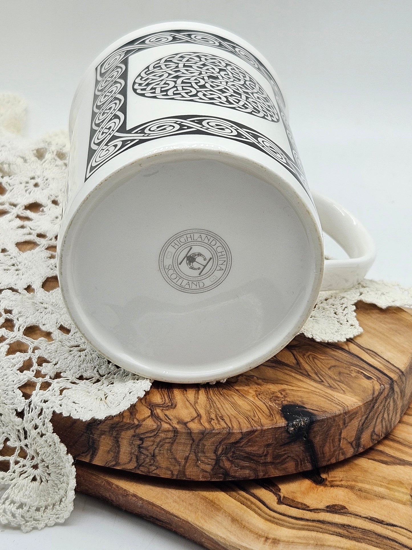 Vintage Porcelain Tea Mug With Celtic Black and White Design, Highland China, Scotland
