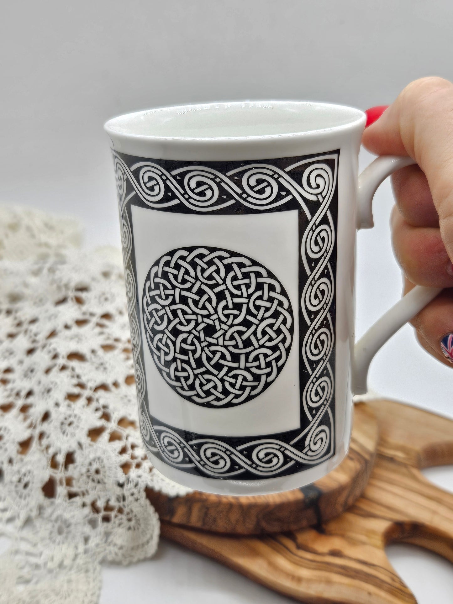 Vintage Porcelain Tea Mug With Celtic Black and White Design, Highland China, Scotland