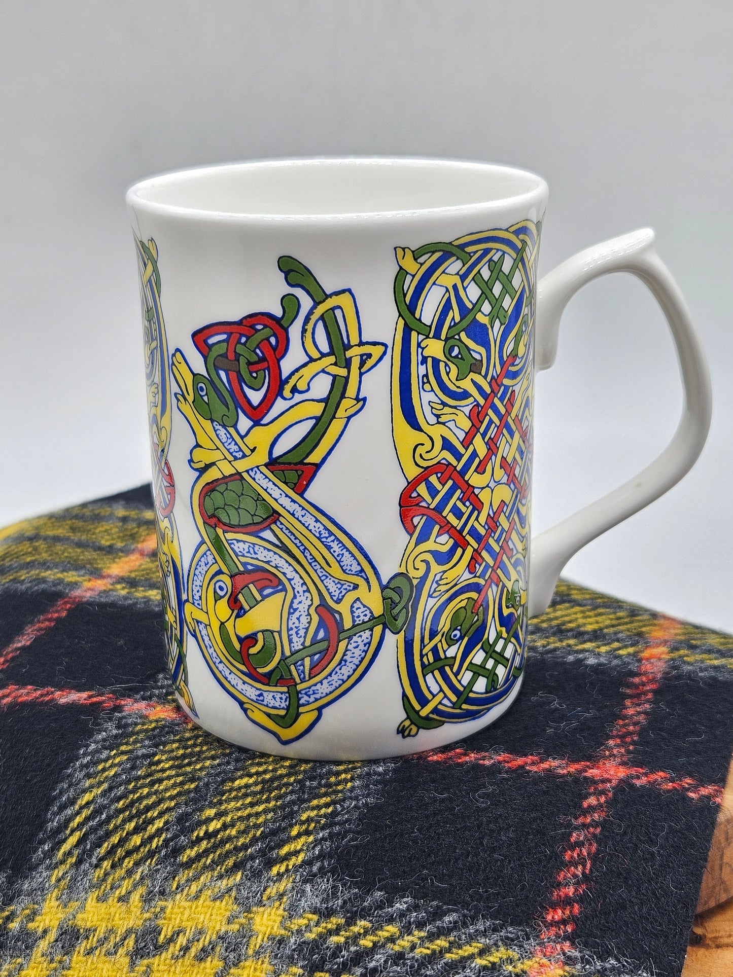 Vintage Porcelain Tea Mug With Celtic Illuminated Pattern, Wales