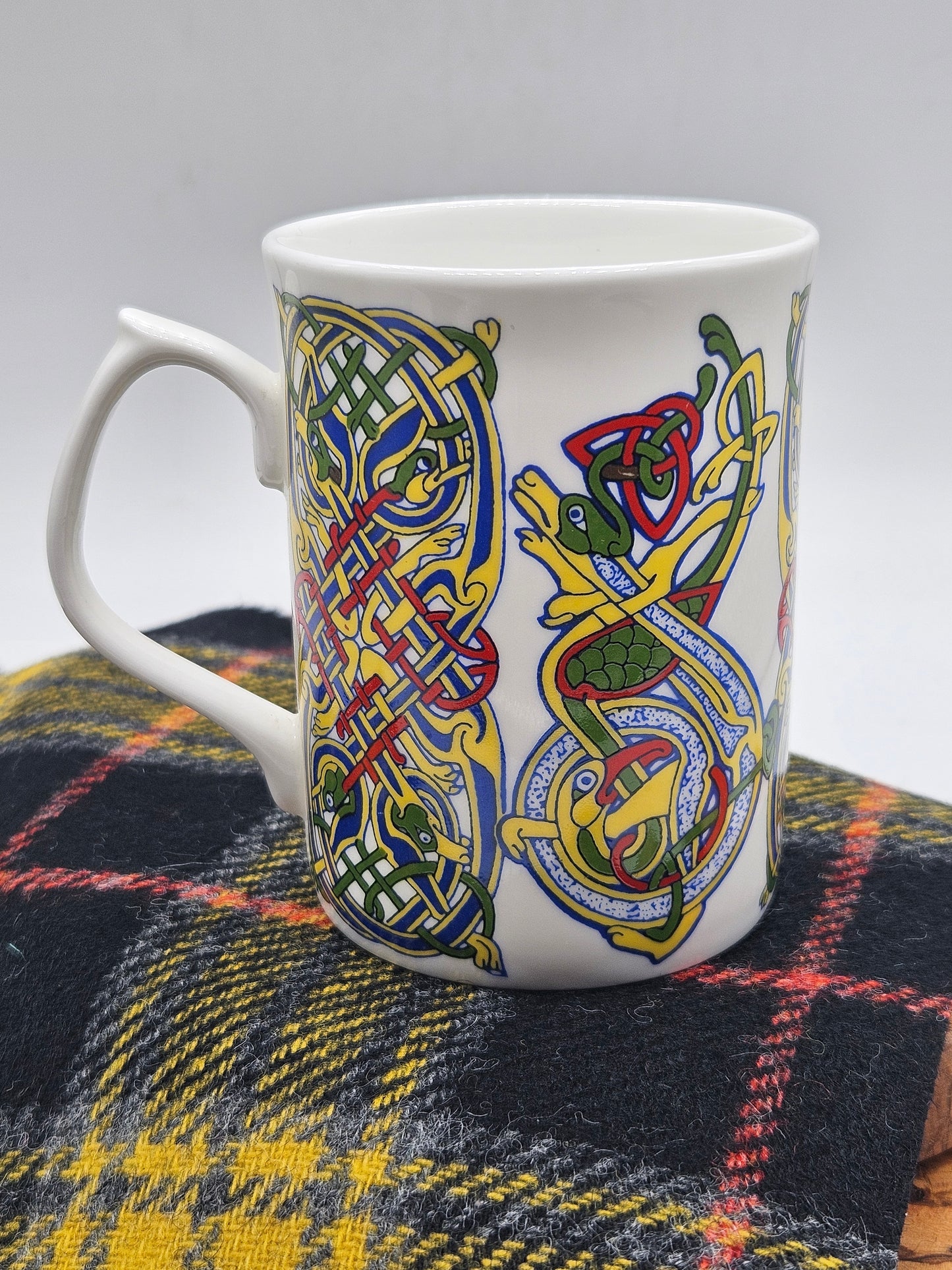 Vintage Porcelain Tea Mug With Celtic Illuminated Pattern, Wales