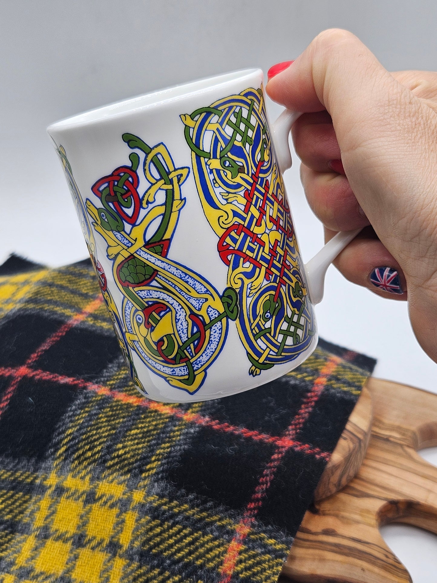 Vintage Porcelain Tea Mug With Celtic Illuminated Pattern, Wales