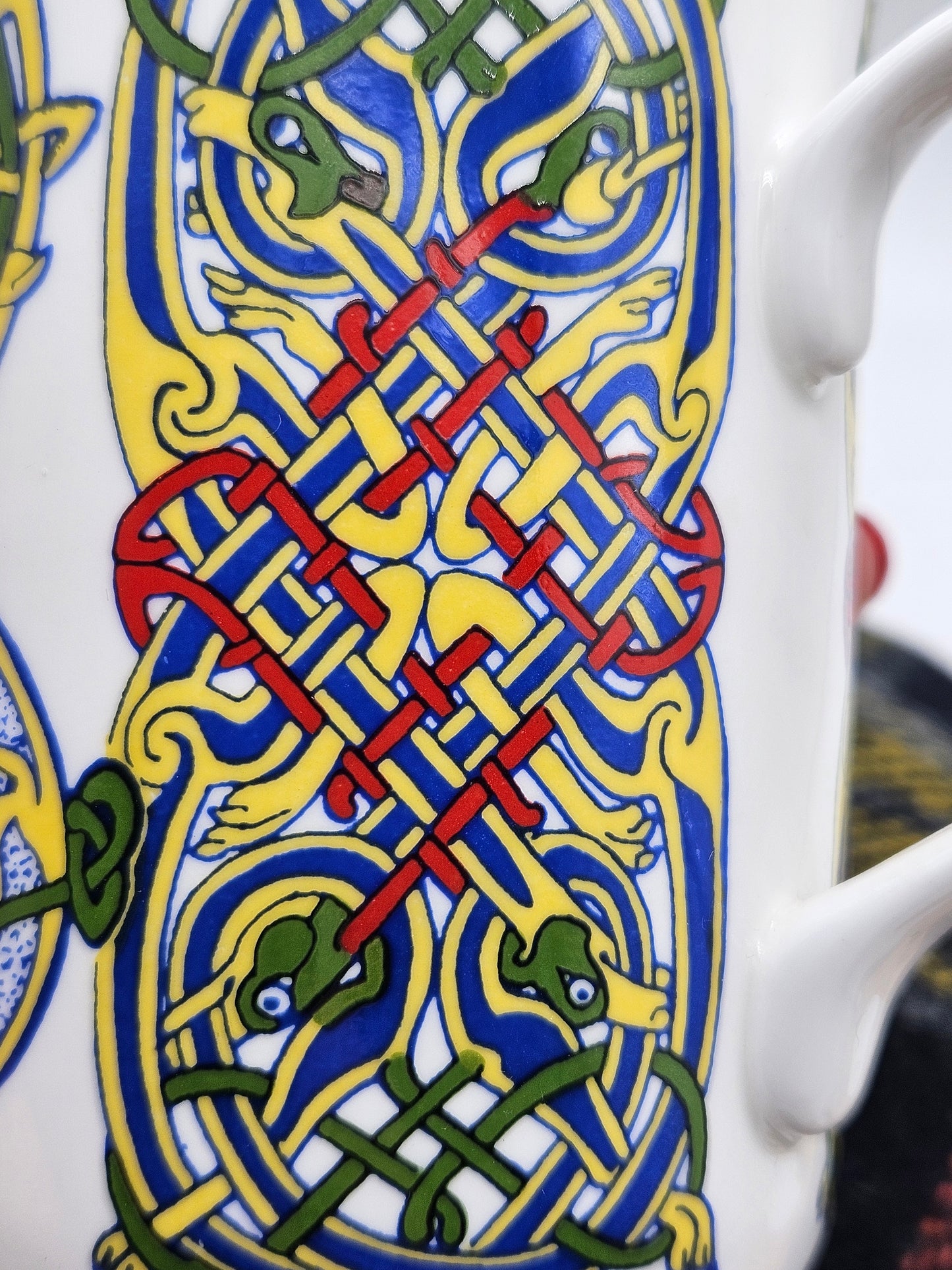 Vintage Porcelain Tea Mug With Celtic Illuminated Pattern, Wales