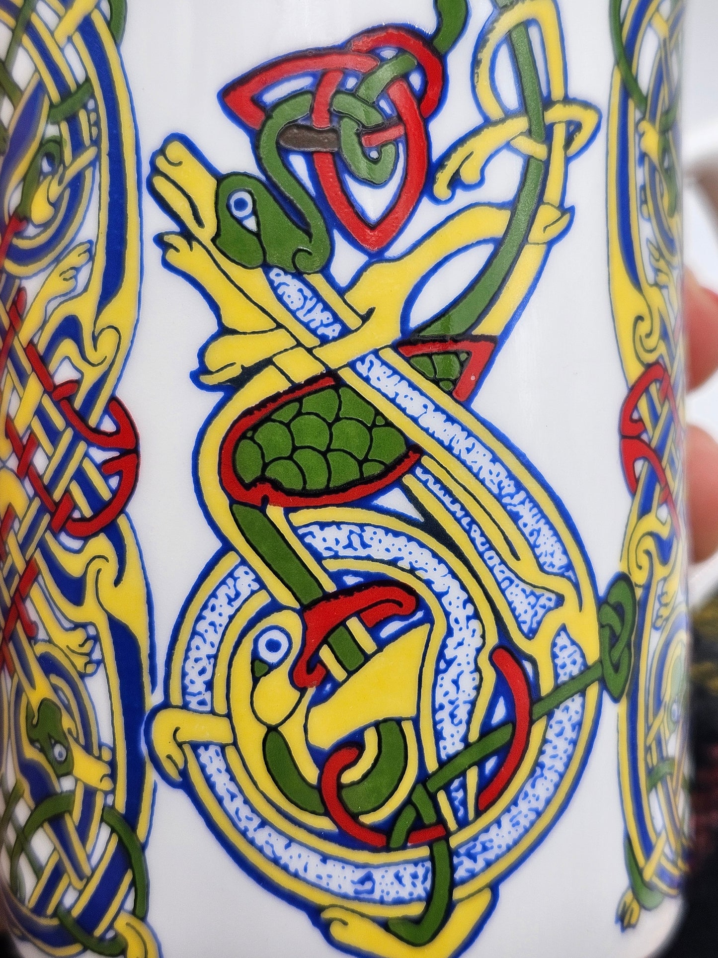 Vintage Porcelain Tea Mug With Celtic Illuminated Pattern, Wales