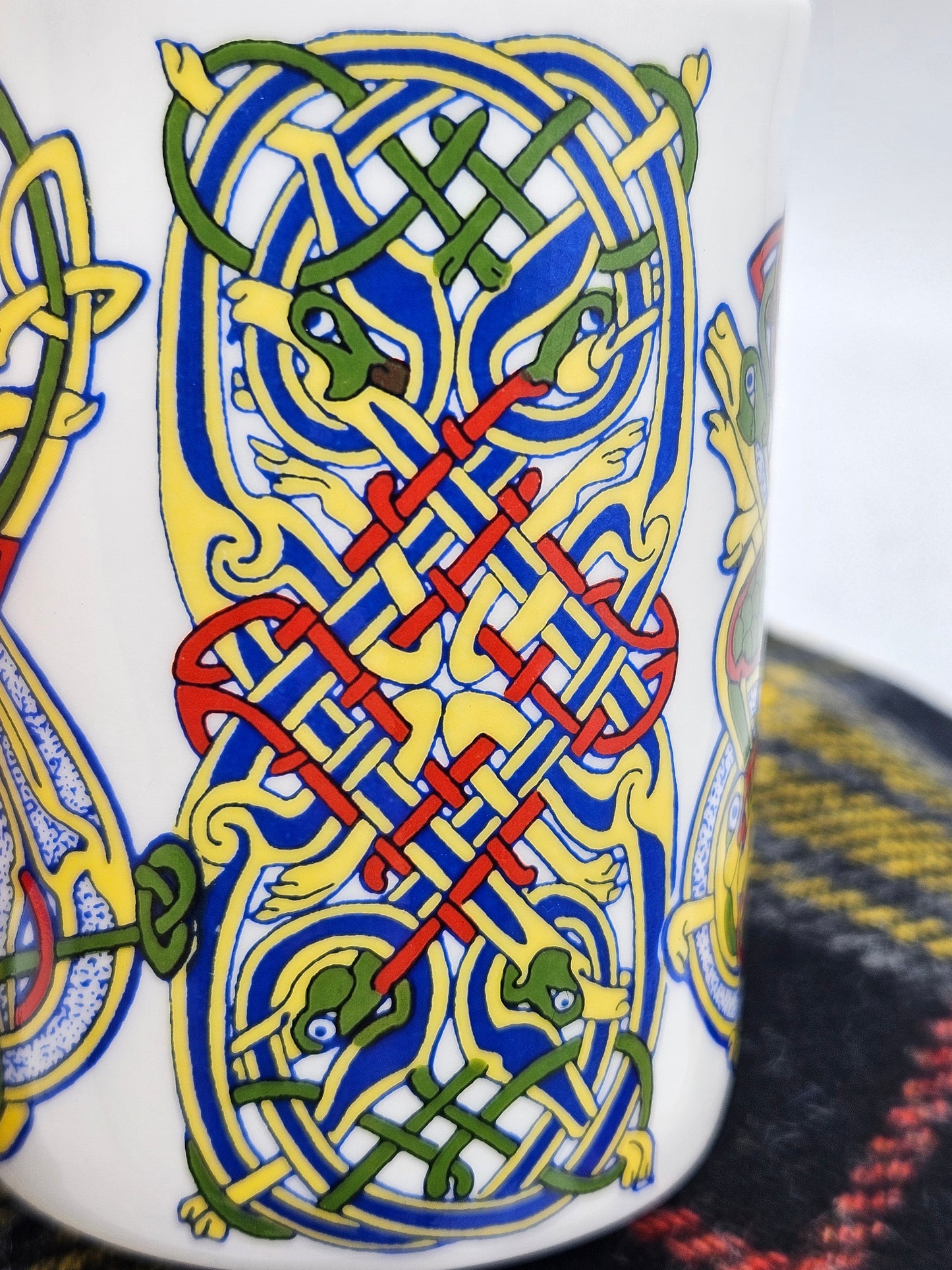 Vintage Porcelain Tea Mug With Celtic Illuminated Pattern, Wales