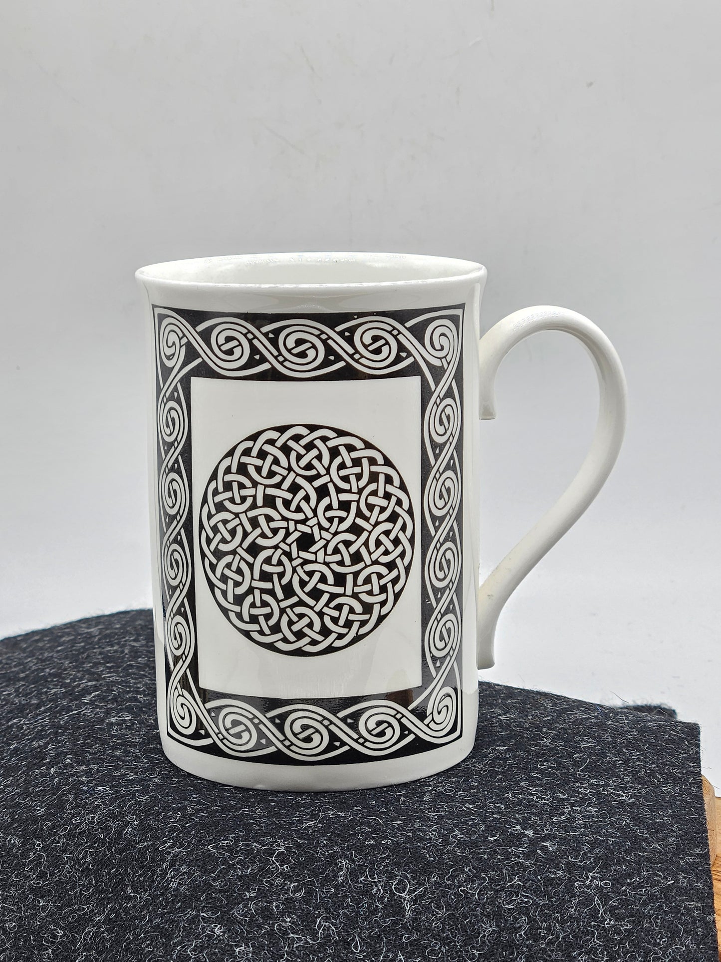 Vintage Porcelain Tea Mug With Celtic Black and White Design, Highland China, Scotland