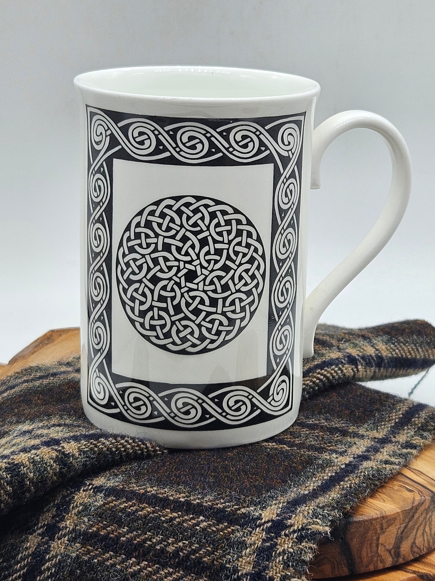 Vintage Porcelain Tea Mug With Celtic Black and White Design, Highland China, Scotland