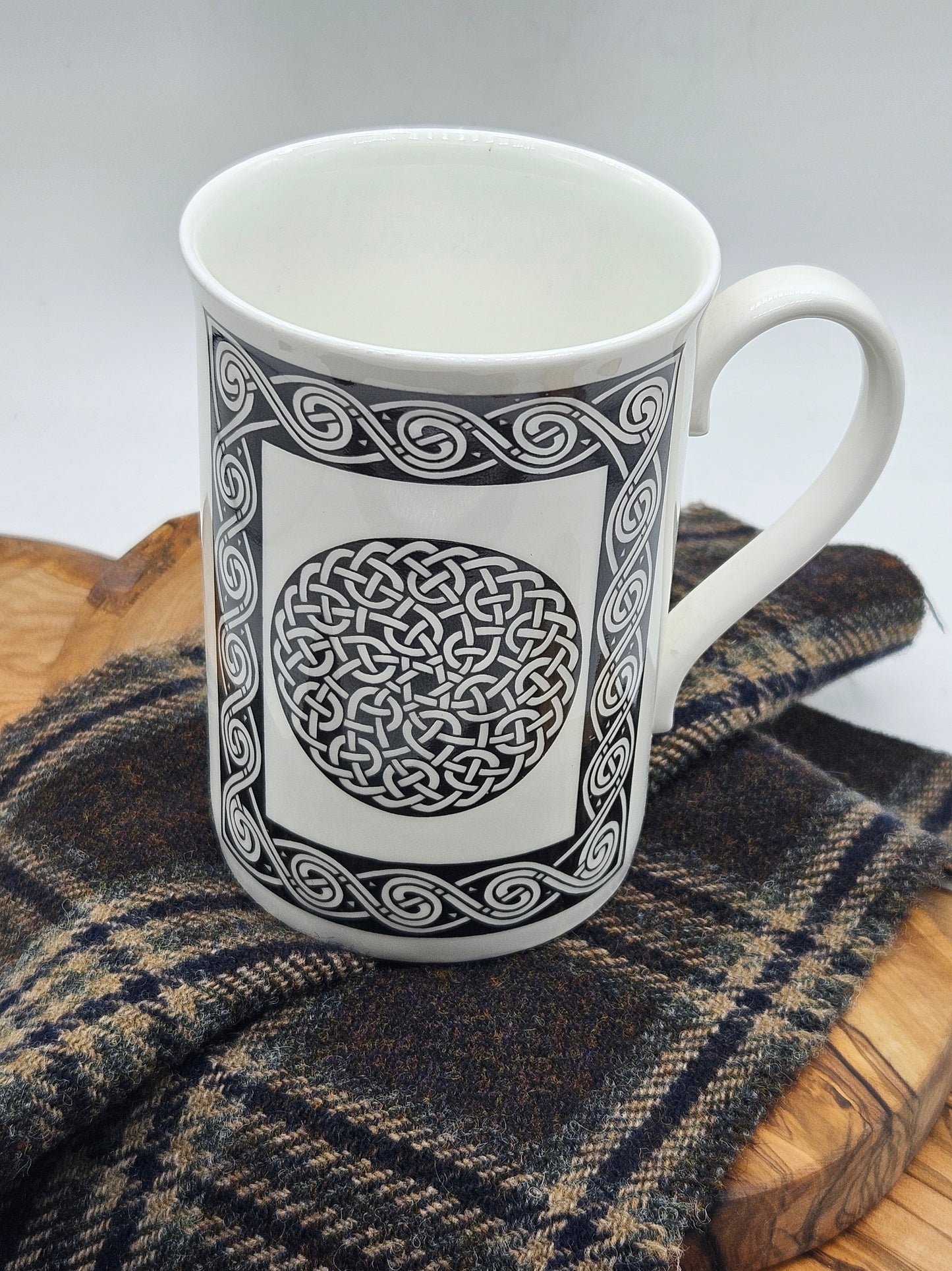 Vintage Porcelain Tea Mug With Celtic Black and White Design, Highland China, Scotland