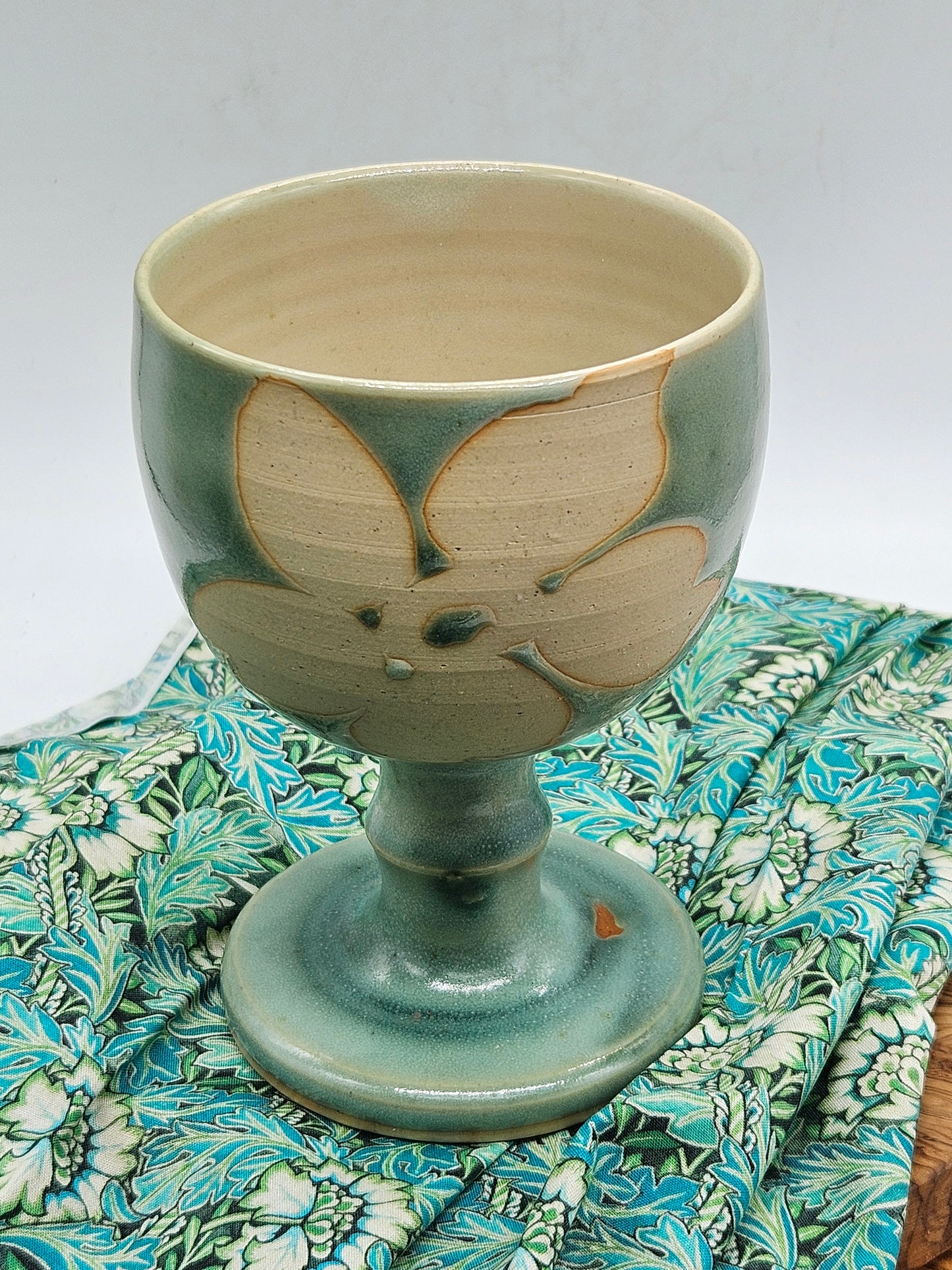 Vintage Studio Pottery Goblet Glazed with matte flowers , VGC