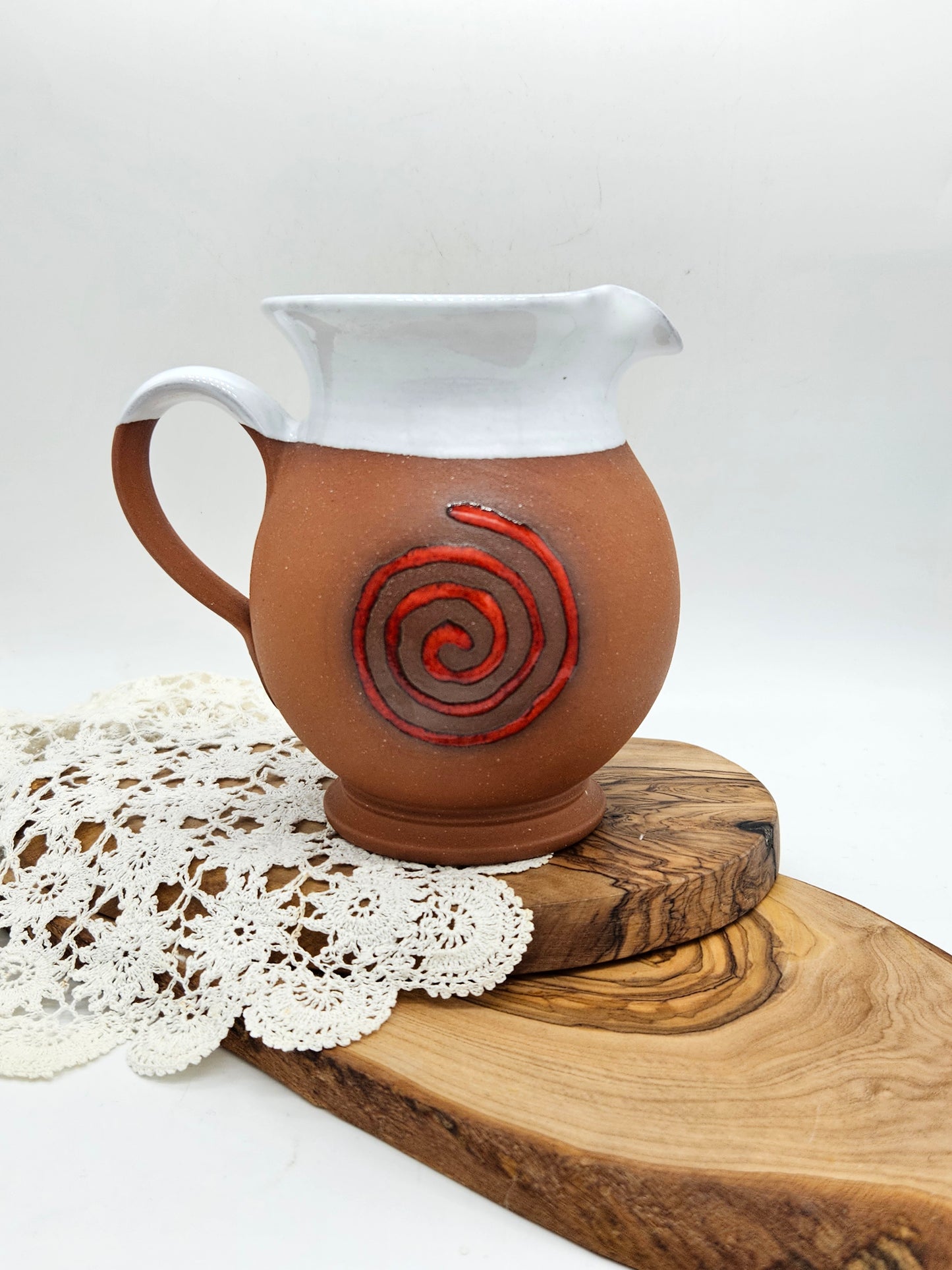 Vintage Studio Pottery Jug Beautifully glazed inside with Red spiral