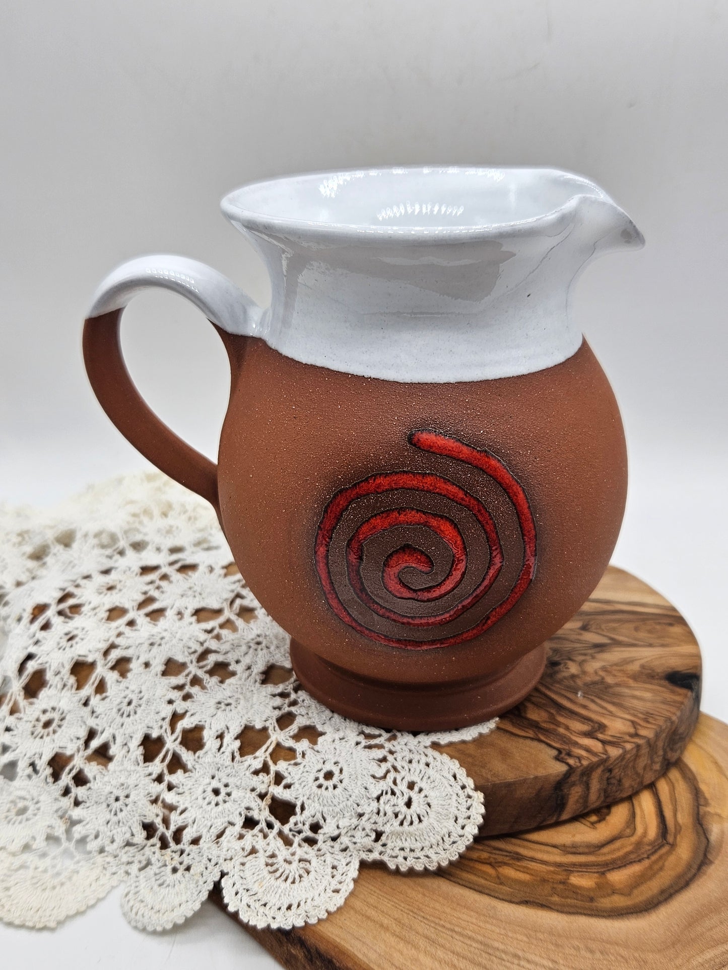 Vintage Studio Pottery Jug Beautifully glazed inside with Red spiral