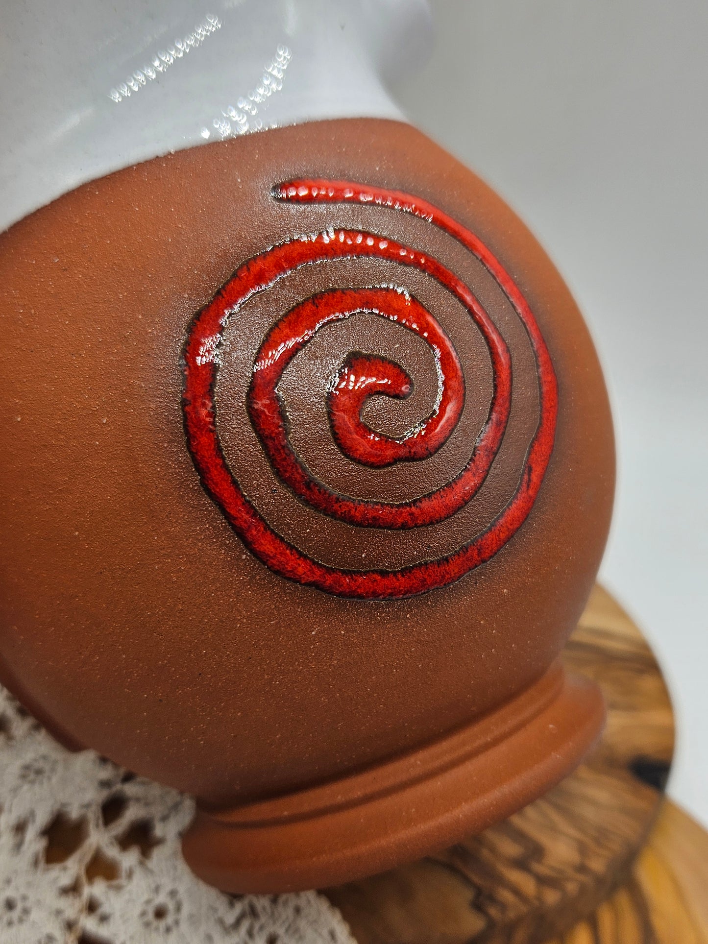 Vintage Studio Pottery Jug Beautifully glazed inside with Red spiral
