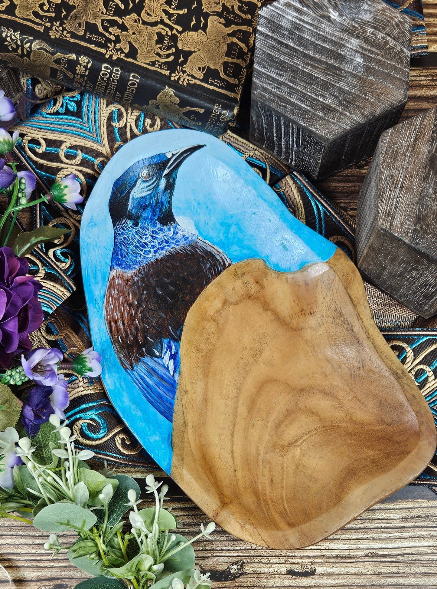 Vintage Hand carved and painted decorative wooden dish with Blue Bird