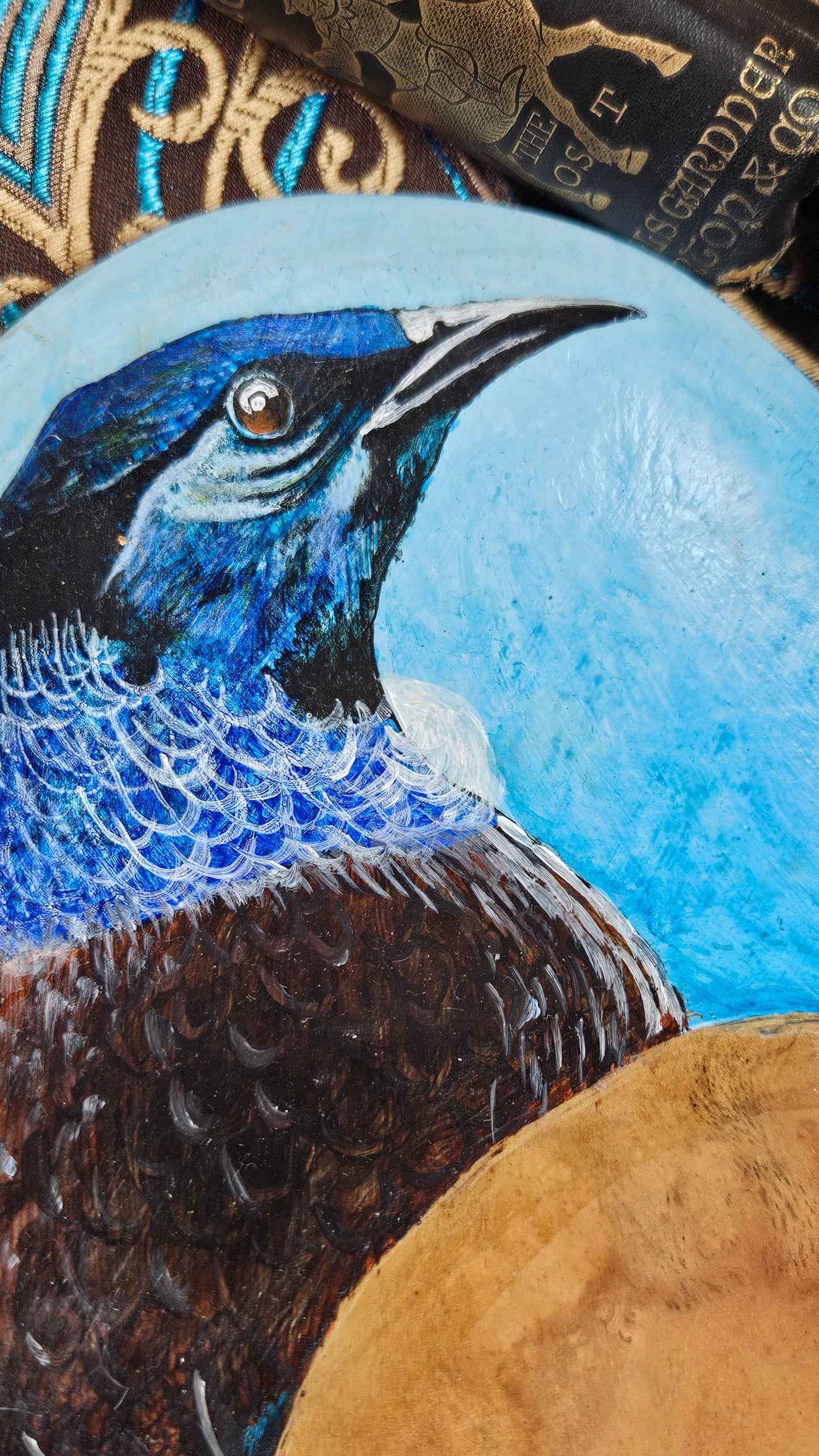 Vintage Hand carved and painted decorative wooden dish with Blue Bird