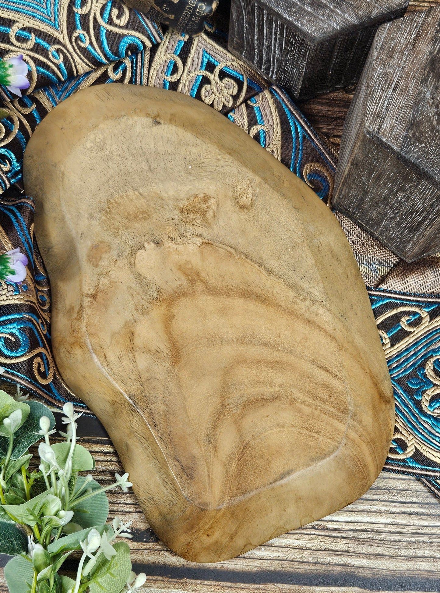 Vintage Hand carved and painted decorative wooden dish with Blue Bird