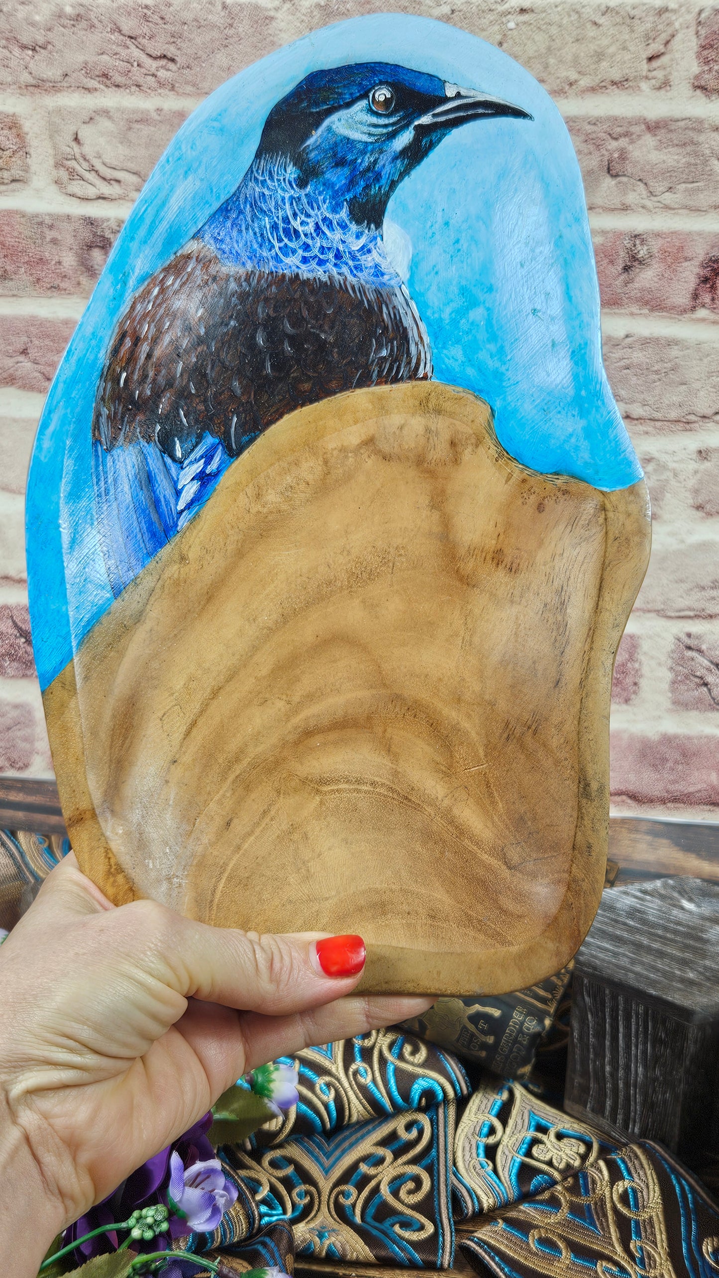 Vintage Hand carved and painted decorative wooden dish with Blue Bird