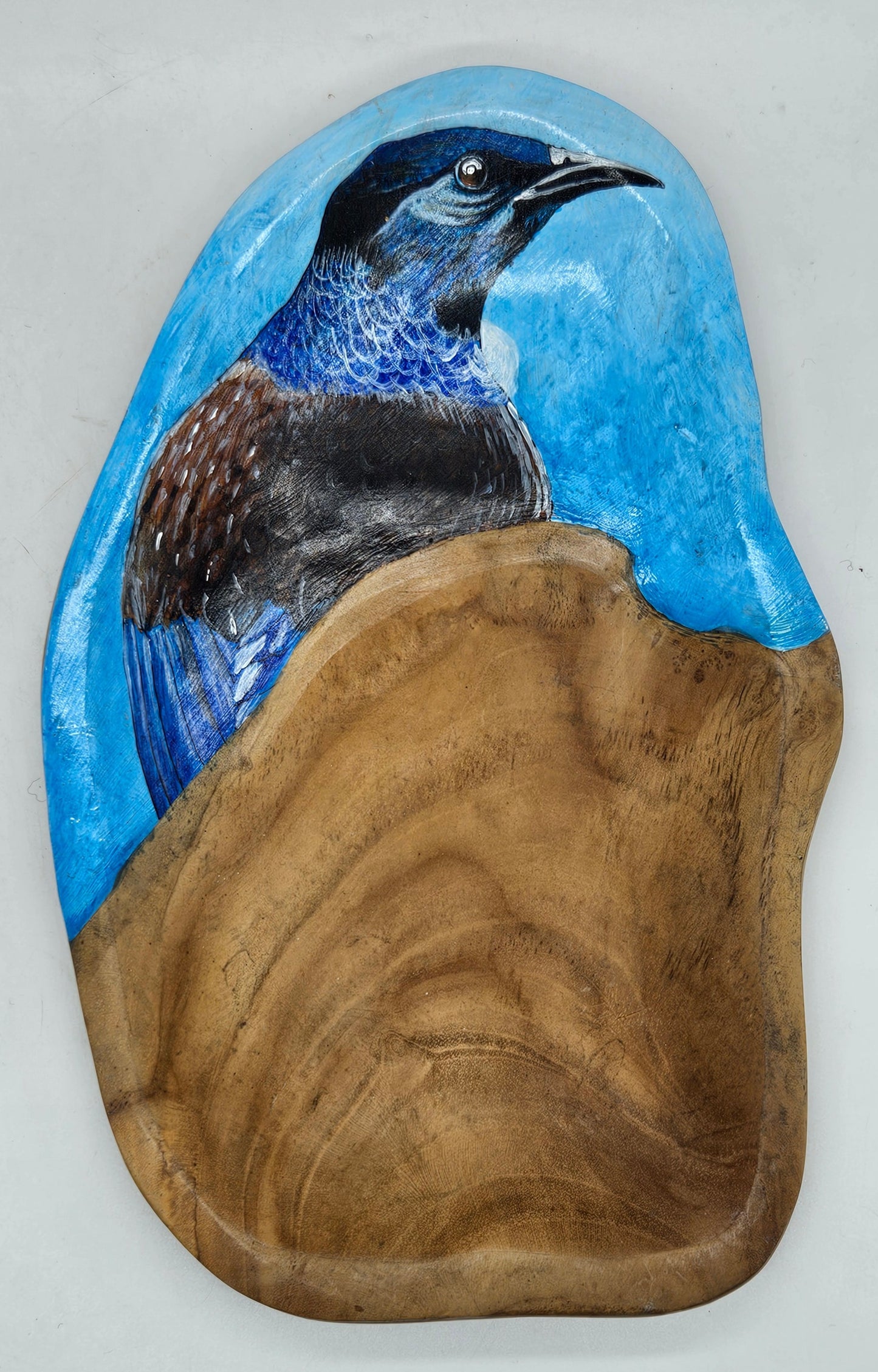 Vintage Hand carved and painted decorative wooden dish with Blue Bird
