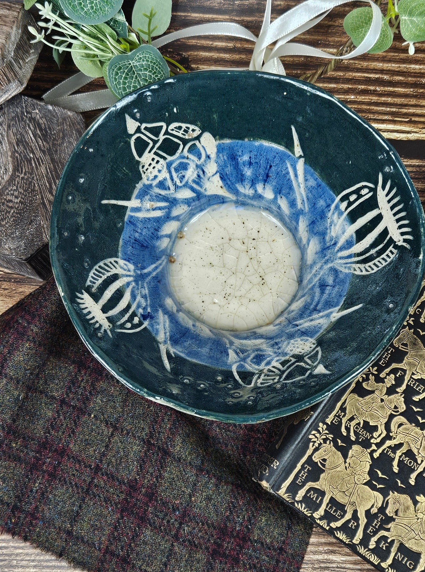 Vintage Studio Pottery Heavy Bowl with marine ornament